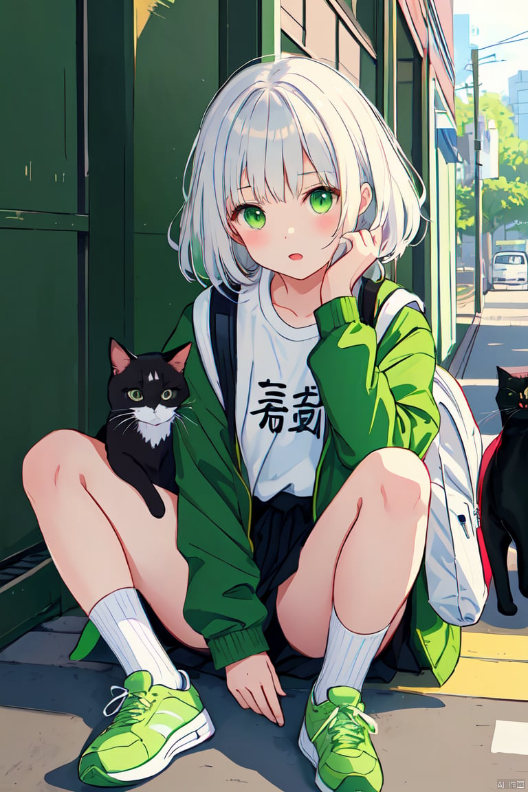 artist:chenbin,artist:tianliang duohe fangdongye,artist:wlop1girl, cat, green eyes, black cat, shoes, white hair, backpack, socks, looking at viewer, jacket, solo, sitting, sneakers, bag, bangs, green jacket, medium hair, animal, green theme, crossed legs, green socks, shirt,solo,moyou, Illustration, Pencil hand drawing, poakl ggll girl