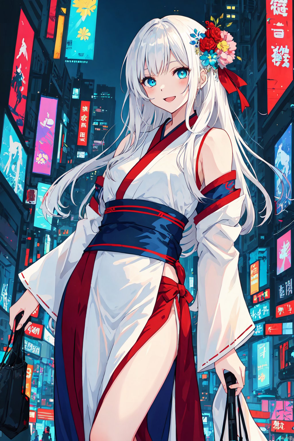 anime artwork lucy \(cyberpunk\), a beautiful girl\(sunny and cheerful\), solo, animification, long white hair, bangs, blue eyes, hanfu\(red\)