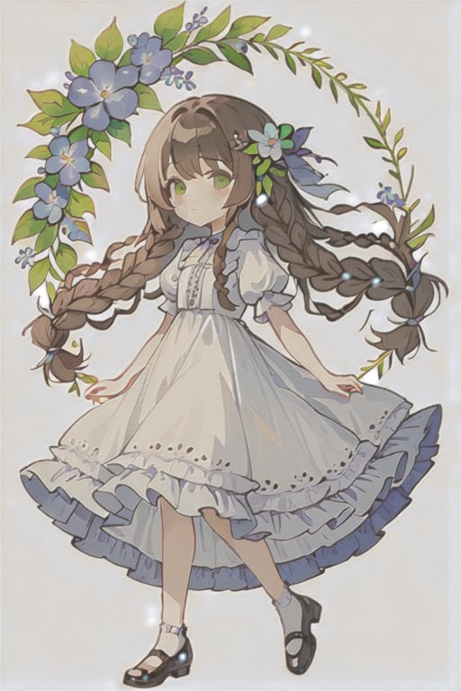 watercolor, 1girl, solo, flower, dress, long hair, green eyes, hair ornament, hair flower, white background, braid, white dress, blue flower, simple background, twin braids, full body, frills, shoes, brown hair, puffy sleeves, black footwear, bangs, closed mouth, short sleeves, clear face
