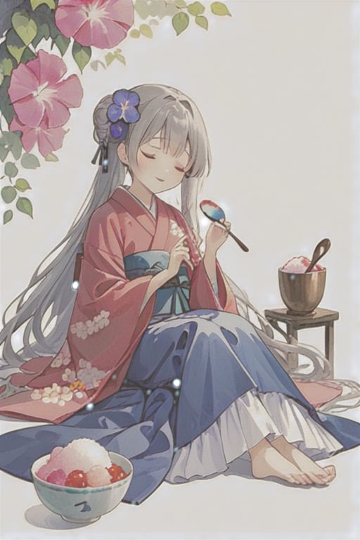 watercolor, painting \(medium\), traditional media, 1girl, flower, long hair, solo, hair ornament, closed eyes, spoon, holding, japanese clothes, barefoot, kimono, sash, white background, hairclip, blue flower, food, obi, wide sleeves, purple flower, long sleeves, morning glory, sitting, full body, very long hair, bangs, holding spoon, simple background, pink flower, grey hair, cup, ribbon, frills, closed mouth, hair bun, invisible chair, red flower, bow, shaved ice, blue kimono, wavy hair