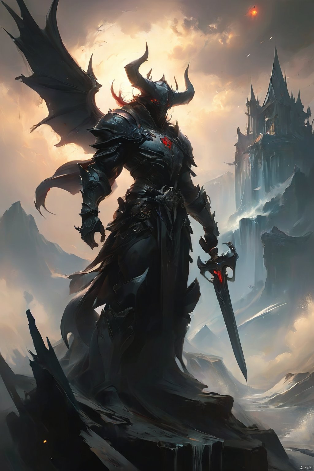  Imagine an ultra-detailed oil painting that thrusts you into the heart of a surreal, dark fantasy dreamscape, masterfully rendered in the iconic style of Frank Frazetta. At the center of this apocalyptic hellscape stands a formidable, muscular female figure, shrouded in a dark hood, with enormous black wings unfurled menacingly. His demonic plate armor, intricately designed and exuding malevolence, catches the faint, eerie light. His face, a dark void shrouded in shadow, is featureless except for two fiery red eyes that burn with an infernal intensity. He is engaged in a ferocious battle against a horde of demonic beasts that swarm in from all sides. Each beast, a grotesque amalgamation of nightmare and flesh, falls before the sweeping arcs of his massive, gleaming sword, wielded with a master's precision. In the background, jagged mountains rise ominously, silhouetted against a tempestuous, roiling sky. The ground is a macabre tapestry of decapitated demons, scattered skulls, and winding rivers of blood, completing this nightmarish vista with a visceral sense of dread and awe., 35mm film photography