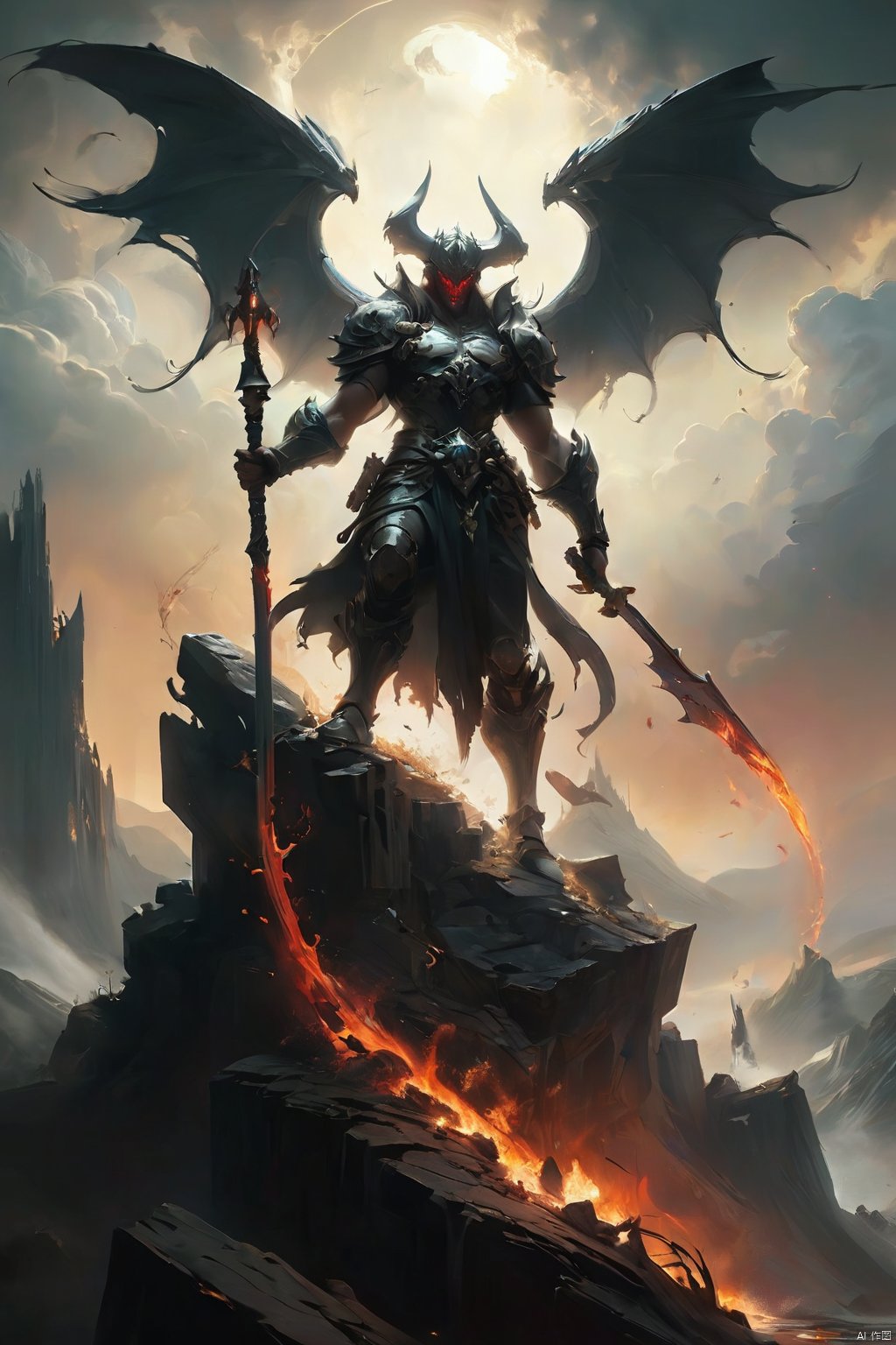  Imagine an ultra-detailed oil painting that thrusts you into the heart of a surreal, dark fantasy dreamscape, masterfully rendered in the iconic style of Frank Frazetta. At the center of this apocalyptic hellscape stands a formidable, muscular female figure, shrouded in a dark hood, with enormous black wings unfurled menacingly. His demonic plate armor, intricately designed and exuding malevolence, catches the faint, eerie light. His face, a dark void shrouded in shadow, is featureless except for two fiery red eyes that burn with an infernal intensity. He is engaged in a ferocious battle against a horde of demonic beasts that swarm in from all sides. Each beast, a grotesque amalgamation of nightmare and flesh, falls before the sweeping arcs of his massive, gleaming sword, wielded with a master's precision. In the background, jagged mountains rise ominously, silhouetted against a tempestuous, roiling sky. The ground is a macabre tapestry of decapitated demons, scattered skulls, and winding rivers of blood, completing this nightmarish vista with a visceral sense of dread and awe., 35mm film photography