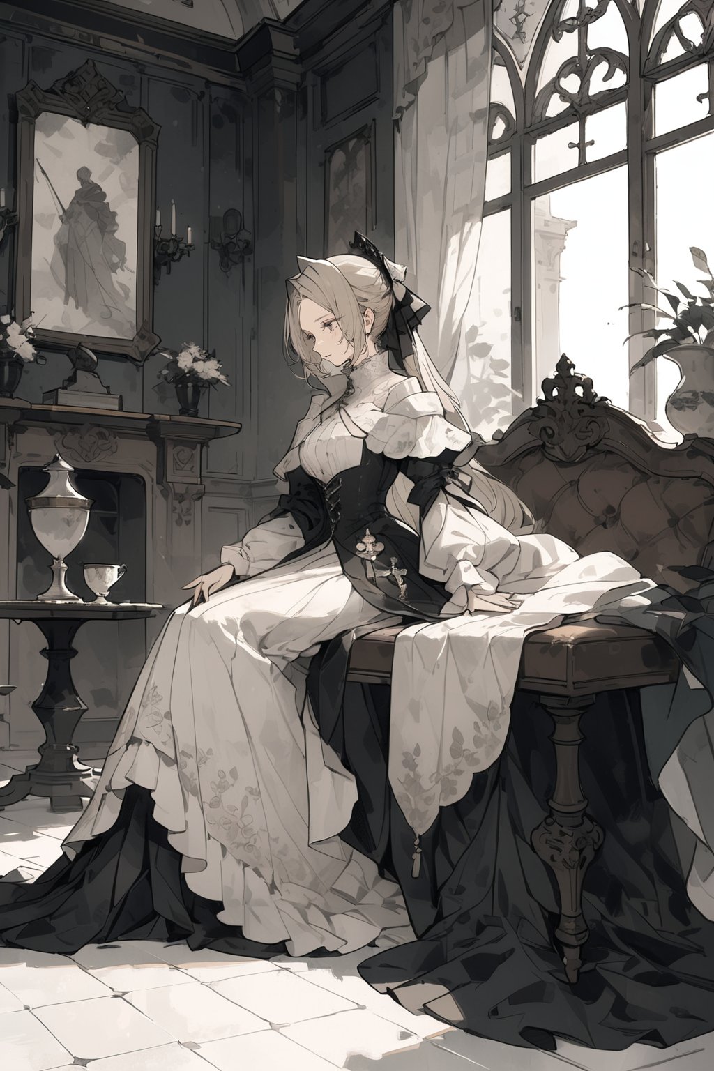 royal knight, 1girl, sitting,full body, simple background, Aristocratic Residence, indoors, 
masterpiece, best quality, aesthetic,