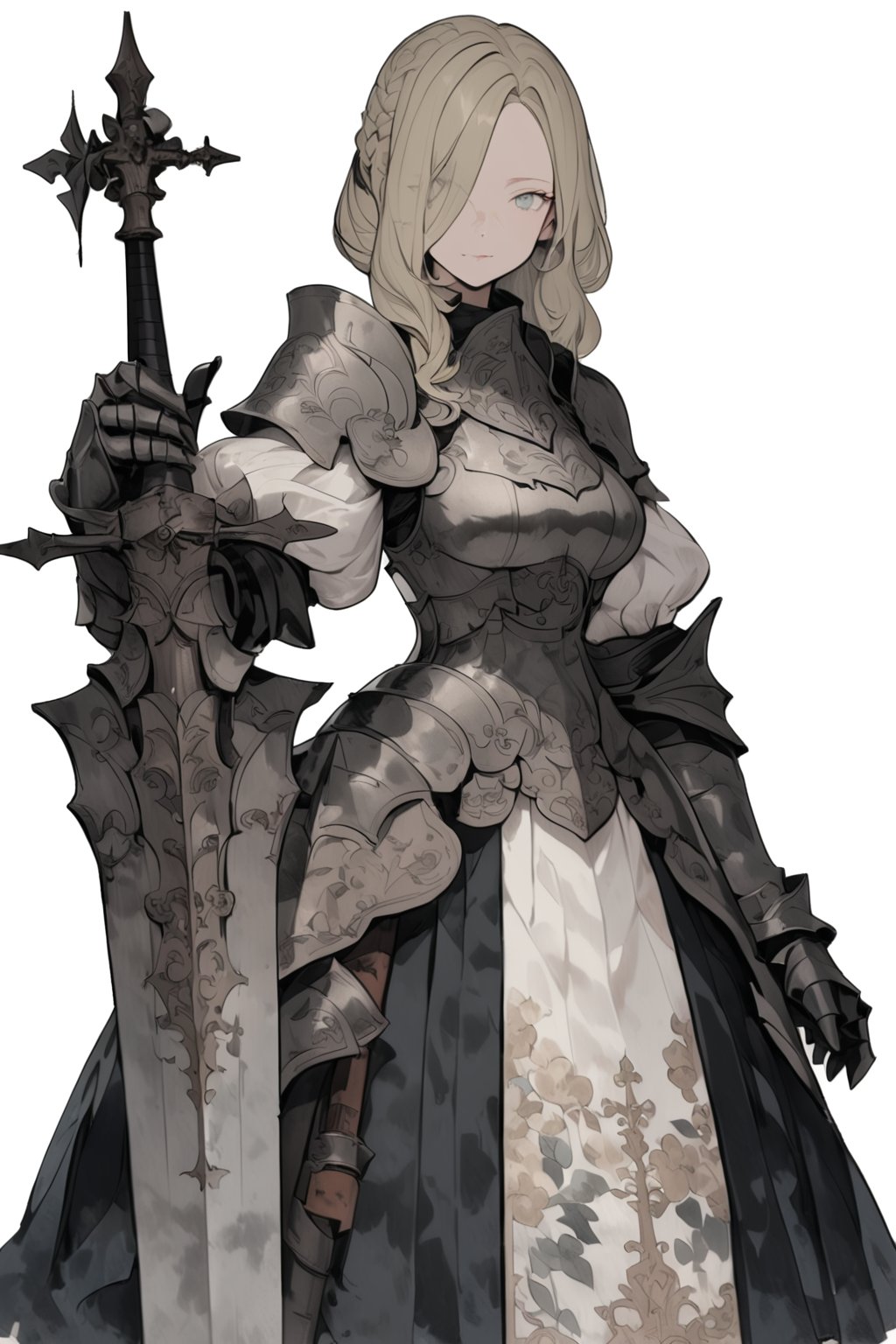 royal knight, 1girl, weapon, solo, gauntlets, sword, holding, holding weapon, long hair, holding sword, armor, looking at viewer, blonde hair, skirt, closed mouth, puffy sleeves, blue eyes, breasts, braid, huge weapon, standing, grey eyes, dress, royal garden, outdoors, 
masterpiece, best quality, aesthetic,