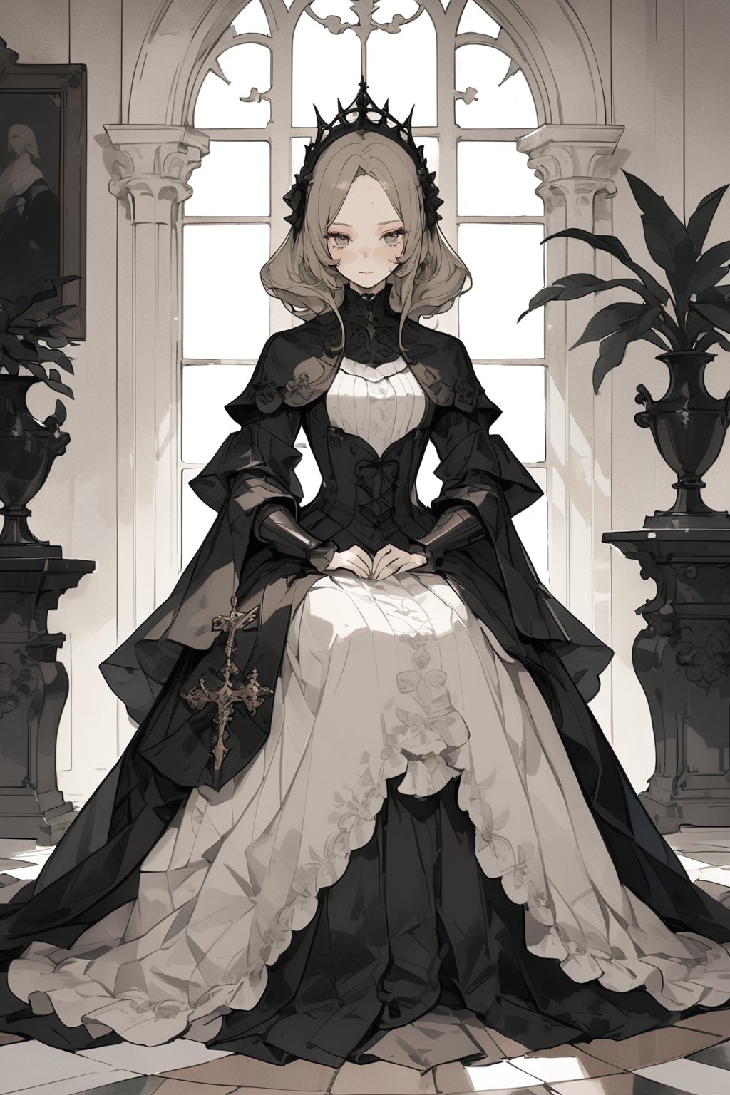 royal knight, 1girl, sitting,full body, simple background, Aristocratic Residence, indoors, 
masterpiece, best quality, aesthetic,