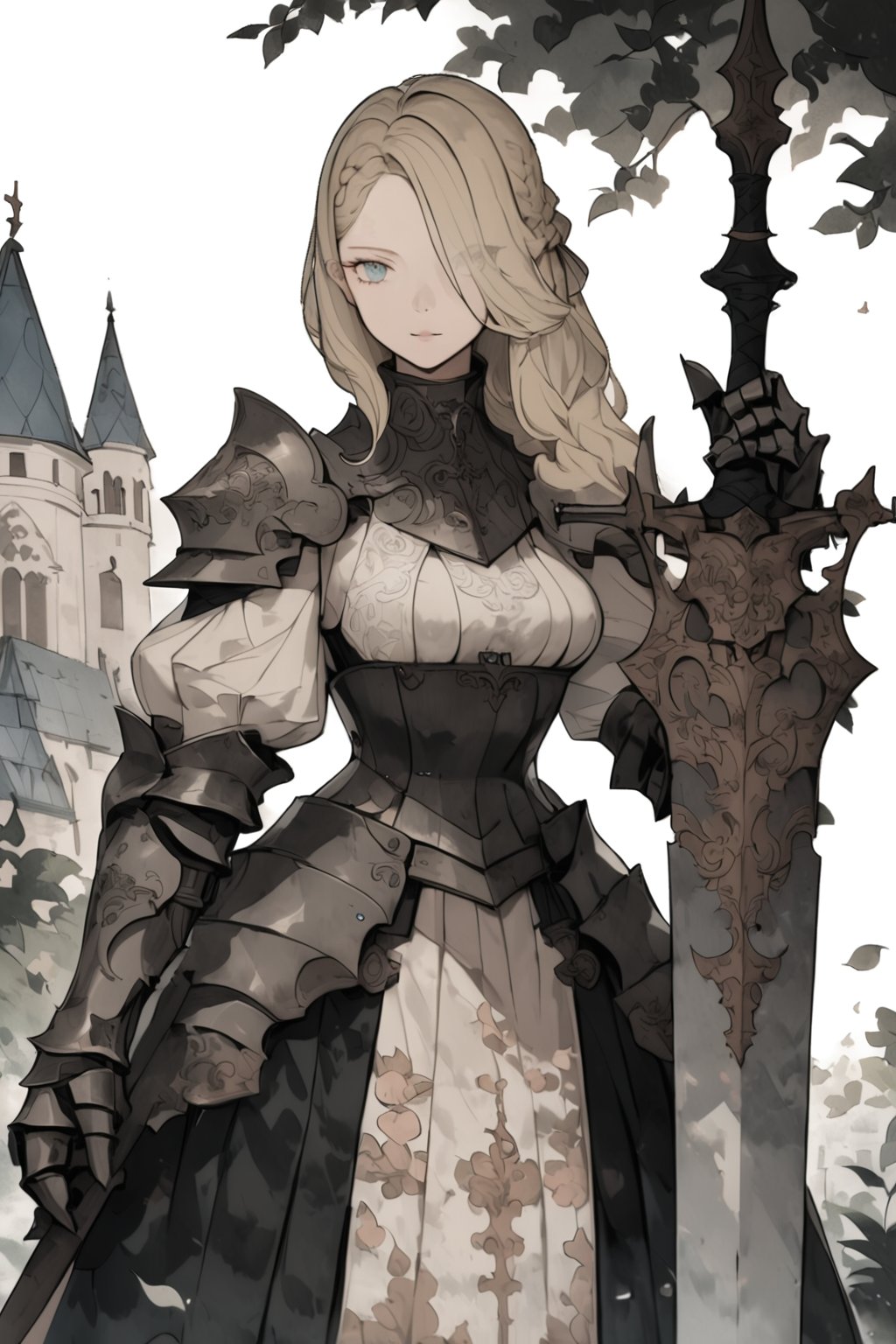 royal knight, 1girl, weapon, solo, gauntlets, sword, holding, holding weapon, long hair, holding sword, armor, looking at viewer, blonde hair, skirt, closed mouth, puffy sleeves, blue eyes, breasts, braid, huge weapon, standing, grey eyes, dress, royal garden, outdoors, 
masterpiece, best quality, aesthetic,