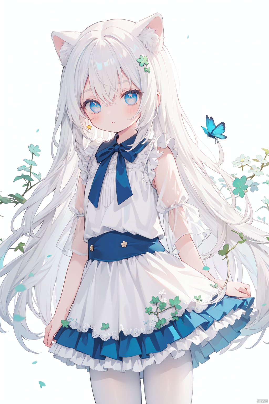  (very long hair,cowboy shot:1),clover,whitebackground,four-leafclover,star(symbol),silhouette,simplebackground,1girl,comic,cuteloli,catgirl,,white hair , oyama_mahiro, backlight, colors, white pantyhose