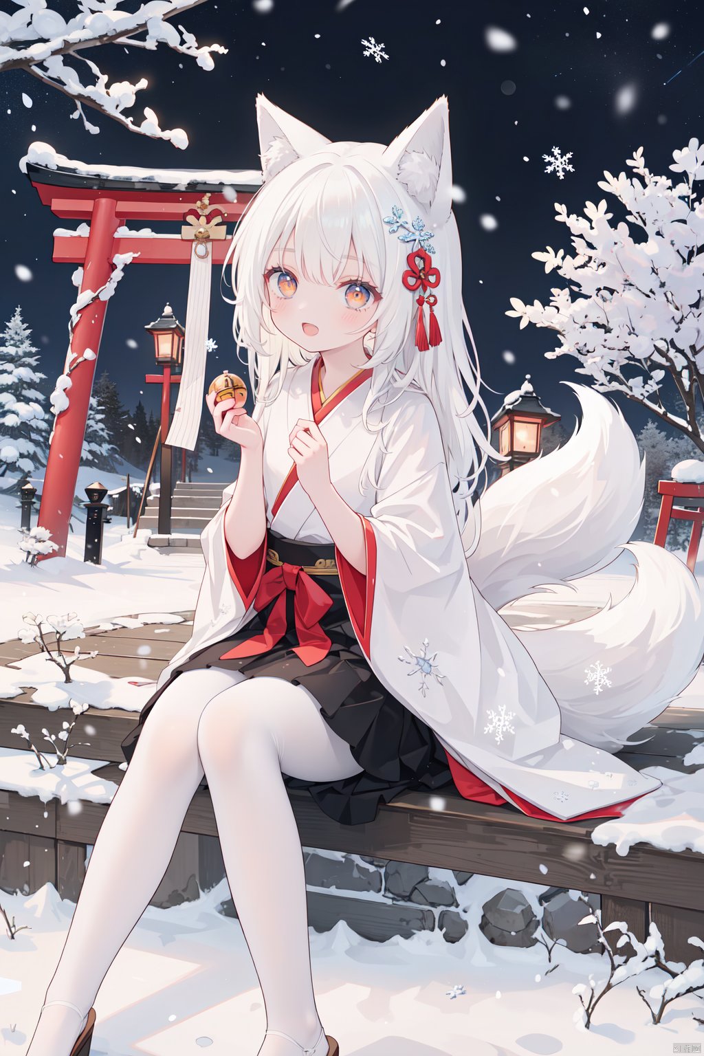  1girl, (high quality:1.2), (ultra detailed:1.2), ((absurdres)), (masterpiece), from side, CG, , kaia, cute face, perfect body, white hair, very long hair, orange eyes, two-tone hair, hair ornament, fox ears, fox tail, multiple tails, hanfu, winter hanfu, Cloak, open mouth, smile, sitting, Reach out to catch the snowflakes, looking up, night, snowing, snowflake, snow, Torii gate, stone steps, shrine architecture, Comfortable tones, colors, white pantyhose