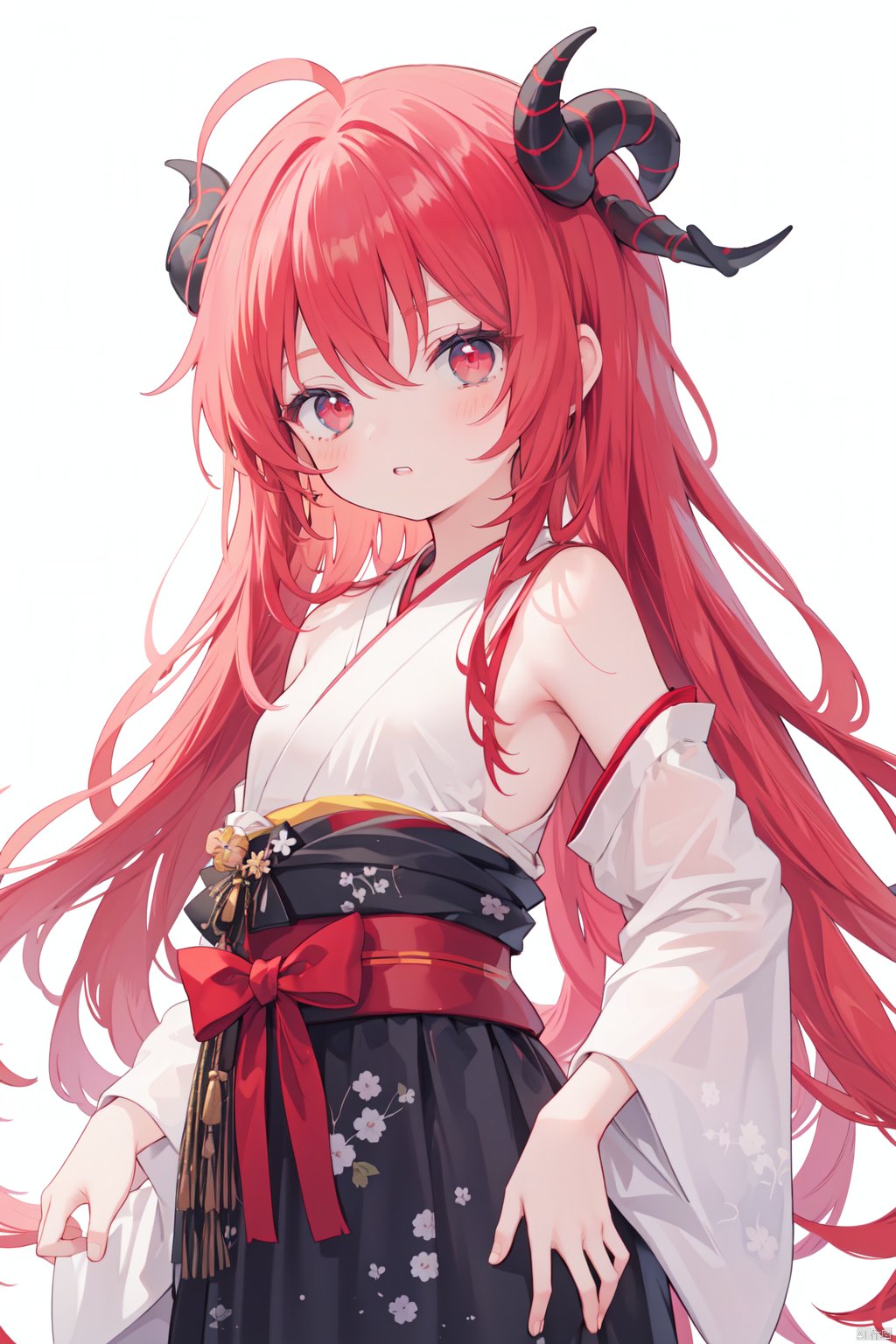 solo,1girl,red hair,long hair,red eyes,white background,bare shoulders,horns,ahoge,fire,hand on hip,simple background,looking at viewer,very long hair,japanese clothes,small breasts,ribbon,backlight