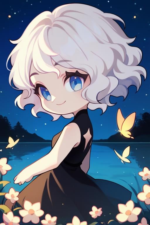 score_9, score_8, 1girl, white hair, short hair, wavy hair, blue eyes, black dress, upper body, from side, smile, lake, fireflies, night, starry sky, <lora:GTChibiXL1024V1-07:0.7>, chibi