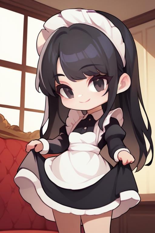 score_9, score_8,  <lora:GTChibiXL1024V1-07:0.8>, 1girl, chibi, black hair, long hair, black eyes, smile, maid, maid dress, maid apron, maid headdress, skirt hold, indoors, livingroom, cowboy shot