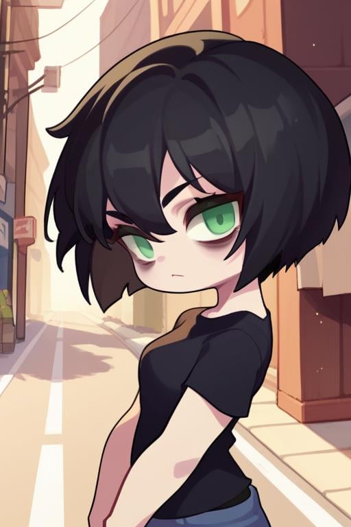 score_9, score_8, 1girl, short hair, black hair, green eyes, bags under eyes, black shirt, denim shorts, (street:1.3), looking at viewer, from side, upper body, <lora:GTChibiXL1024V1-07:0.7>, chibi