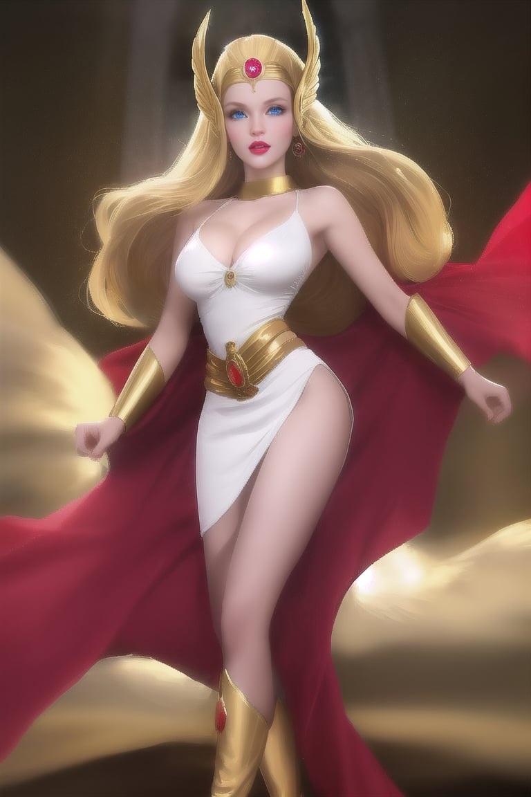 Masterpiece, She-Ra, waist-length blonde hair, winged crown-like headdress, short white dress decorated with metal patterns, red cape, golden boots, golden bracers from her elbows to her wrists, blue eyes, red lips, big boobs, thin waist, broad hips, shapely legs, shapely body, She Ra