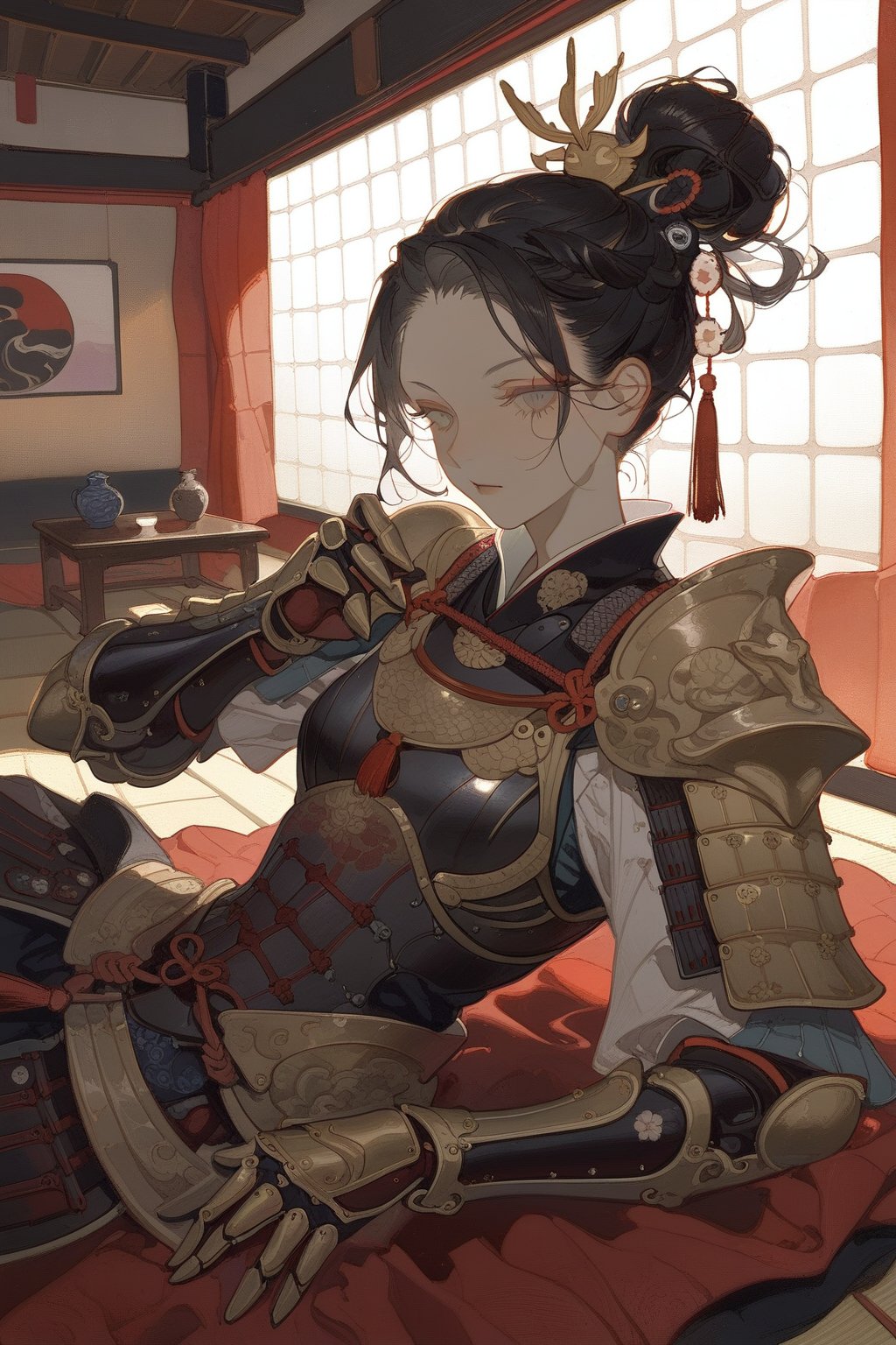 warrior, 1girl, armor, hair ornament, updo, shoulder armor, black hair, upper body, japanese armor, hair stick, gauntlets, tassel, hand up, hair bun, pauldrons,  japanese room, indoors, lying, 
masterpiece, best quality, aesthetic,