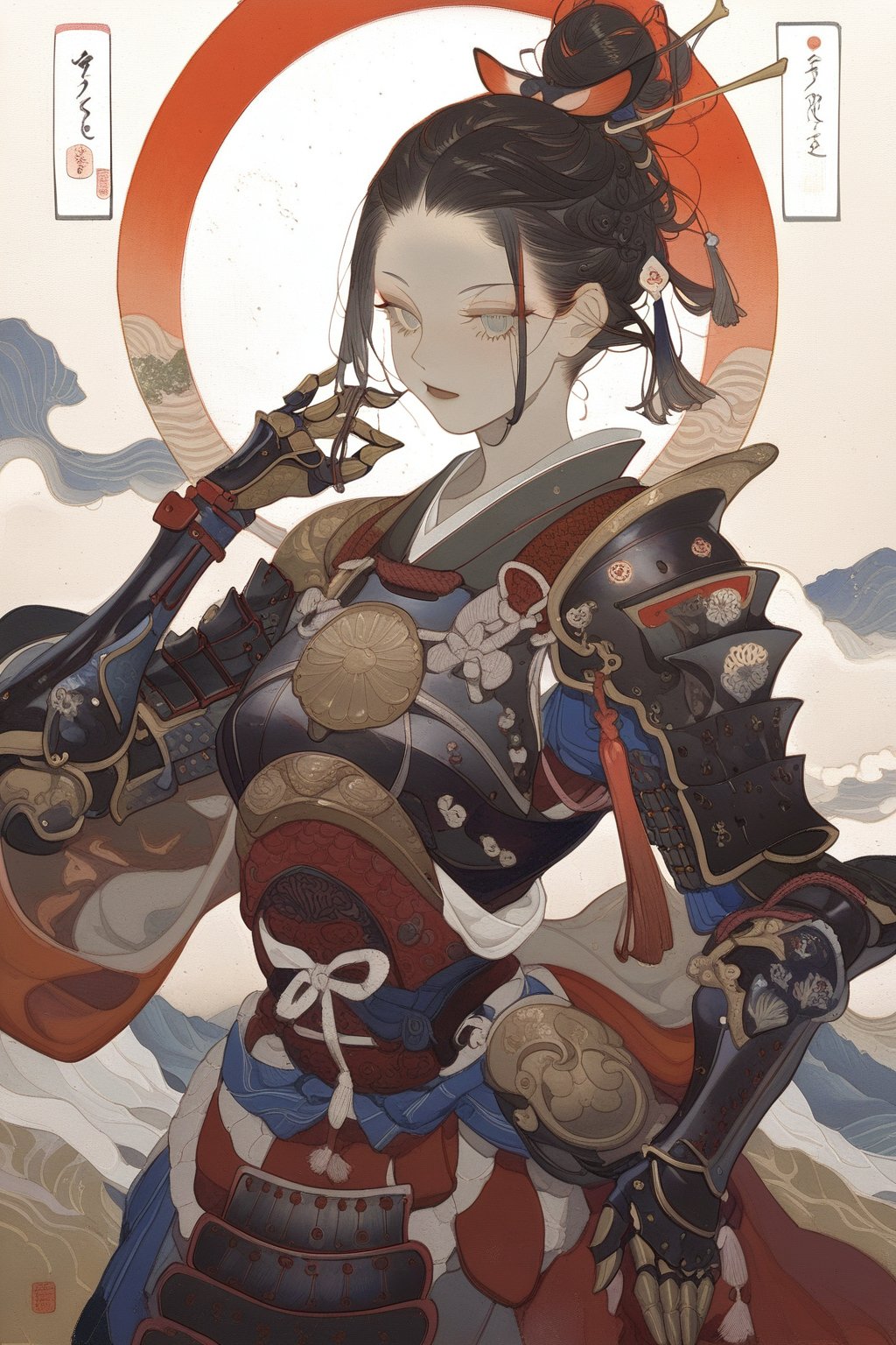 warrior, 1girl, armor, hair ornament, updo, shoulder armor, black hair, upper body, japanese armor, hair stick, gauntlets, tassel, hand up, hair bun, pauldrons, 
masterpiece, best quality, aesthetic, ukiyo-e, 