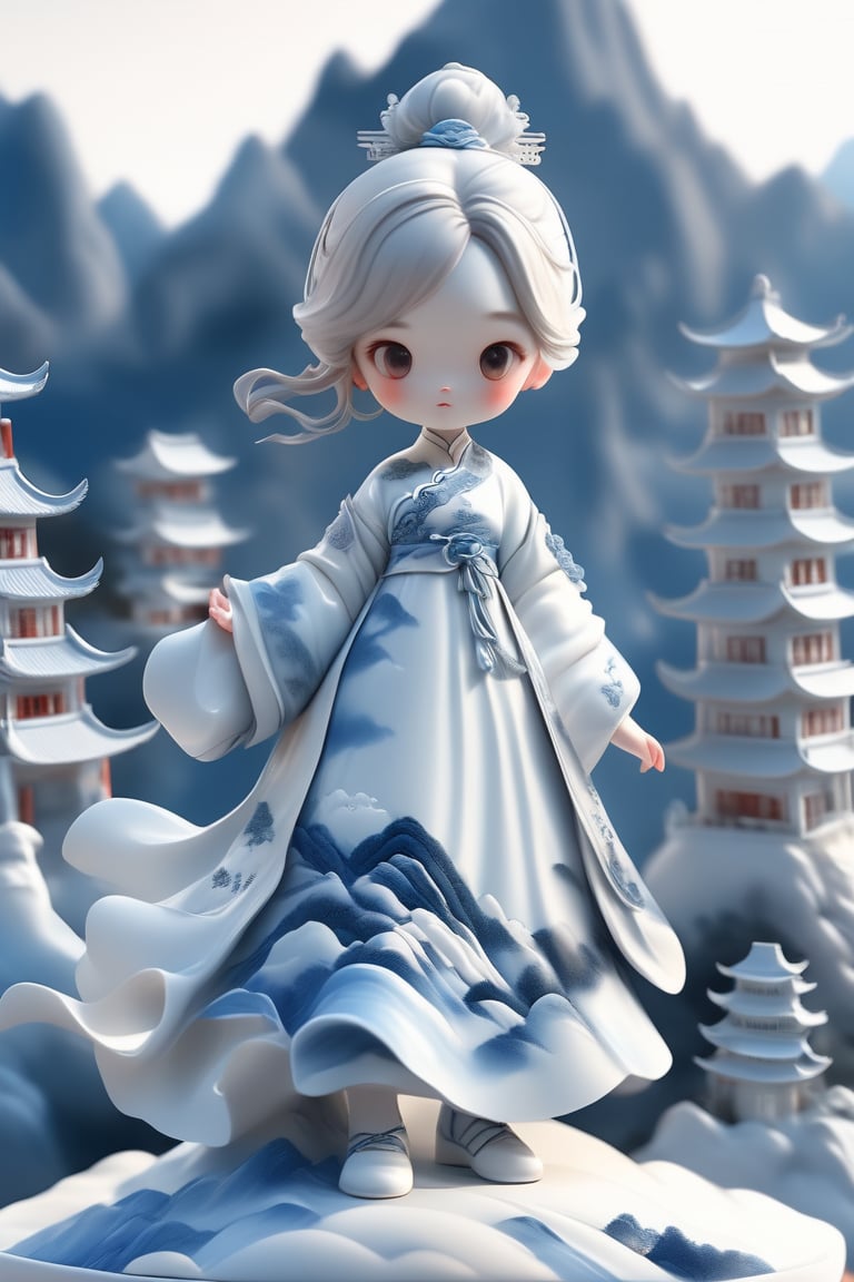 1girl, full-body, china ko, simple background, bright color, reddish cheeks, blue and white porcelain clothes, blue city, front, recent photo, blue and white porcelain mountain, blue and white porcelain building, blue and white porcelain background