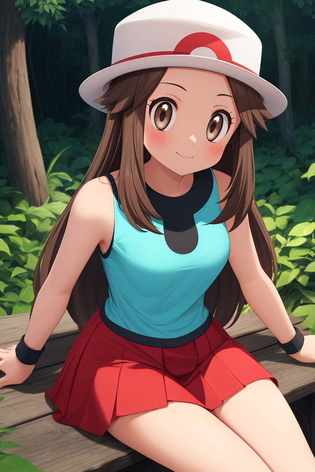 pkmnleaf, 1girl, solo, brown eyes, brown hair, long hair, sidelocks, hat, white headwear,aqua shirt, sleeveless, red skirt, miniskirt, pleated skirt, black wristband,smile,closed mouth,cowboy shot,sitting,forest,outdoor,(insanely detailed, beautiful detailed face, masterpiece, best quality) cinematic lighting,<lora:PKMN_Leaf_v1:1>, <lora:more_details:0.3>,