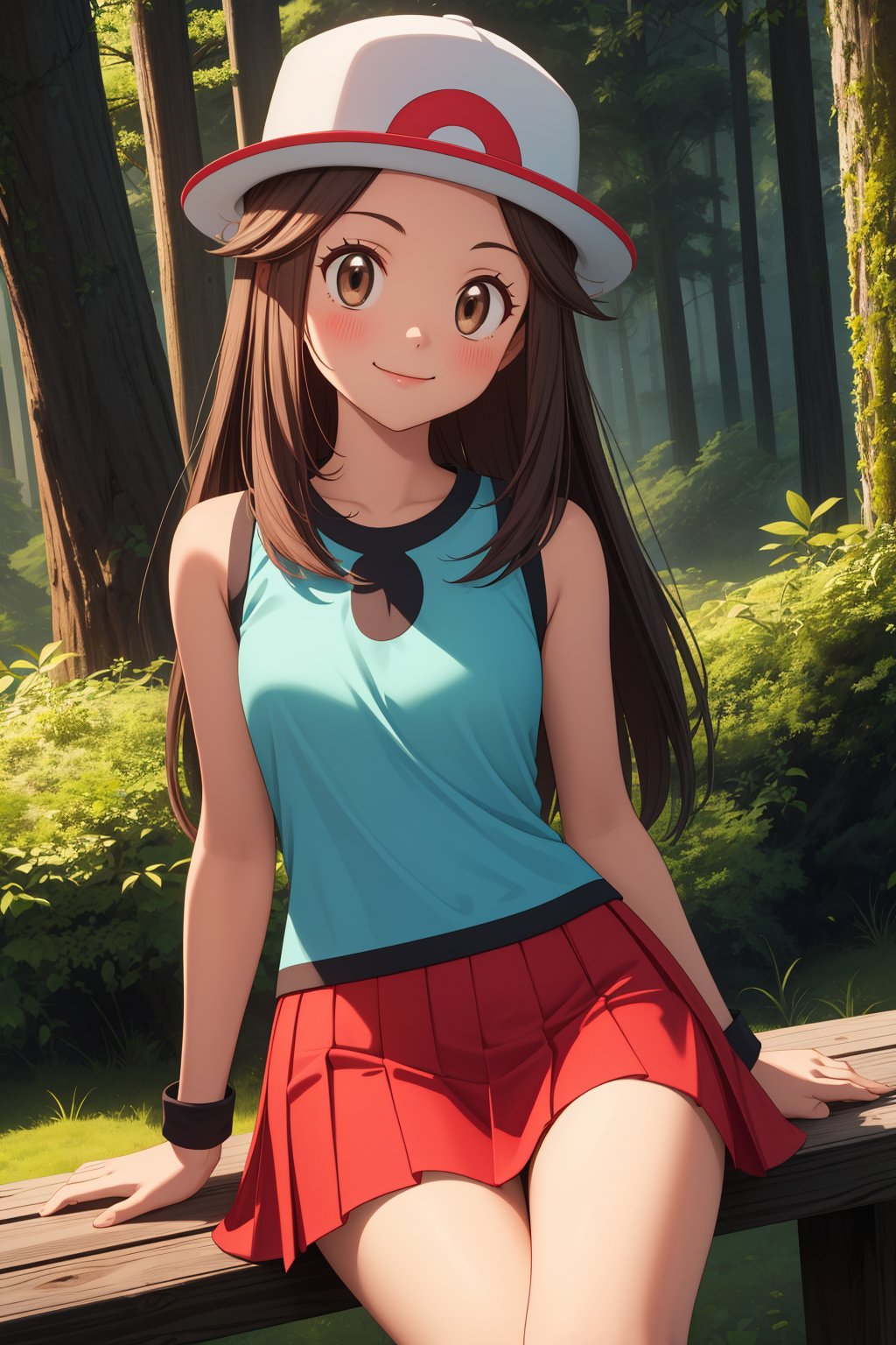 pkmnleaf, 1girl, solo, brown eyes, brown hair, long hair, sidelocks, hat, white headwear,aqua shirt, sleeveless, red skirt, miniskirt, pleated skirt, black wristband,smile,closed mouth,cowboy shot,sitting,forest,outdoor,(insanely detailed, beautiful detailed face, masterpiece, best quality) cinematic lighting,<lora:PKMN_Leaf_v1:1>, <lora:more_details:0.3>,