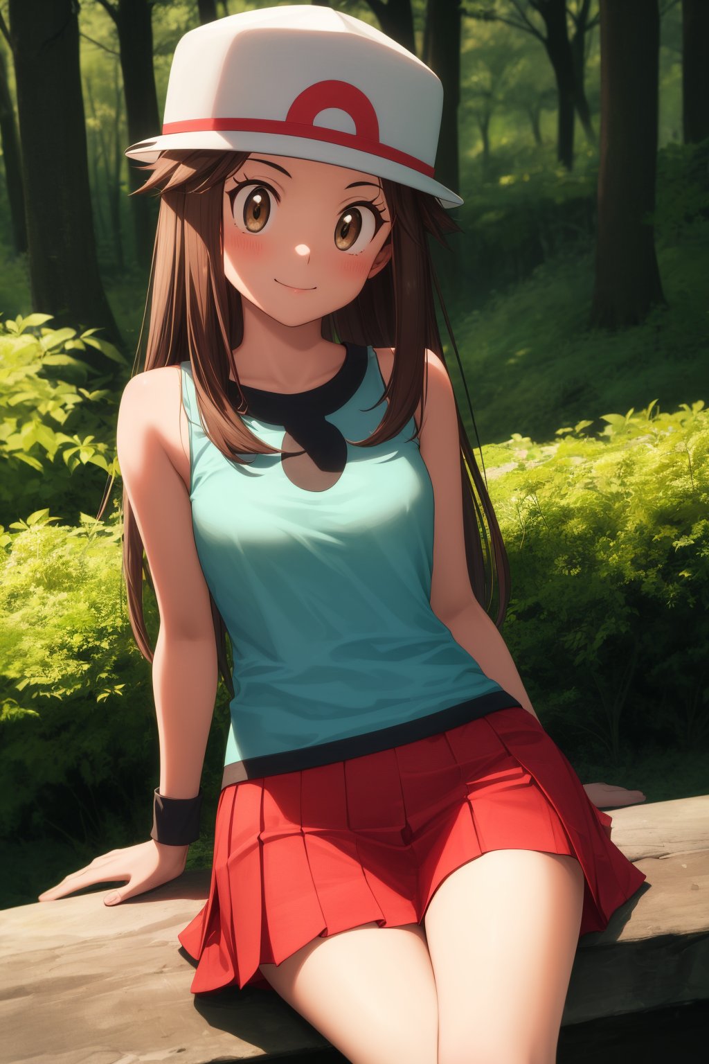 pkmnleaf, 1girl, solo, brown eyes, brown hair, long hair, sidelocks, hat, white headwear,aqua shirt, sleeveless, red skirt, miniskirt, pleated skirt, black wristband,smile,closed mouth,cowboy shot,sitting,forest,outdoor,(insanely detailed, beautiful detailed face, masterpiece, best quality) cinematic lighting,<lora:PKMN_Leaf_v1:1>, <lora:more_details:0.3>,