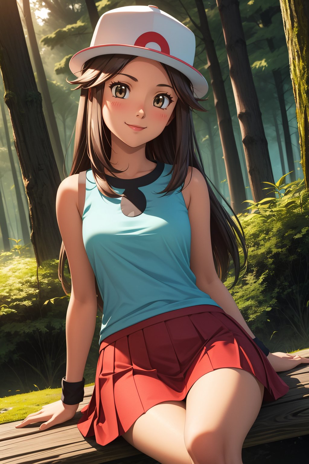 pkmnleaf, 1girl, solo, brown eyes, brown hair, long hair, sidelocks, hat, white headwear,aqua shirt, sleeveless, red skirt, miniskirt, pleated skirt, black wristband,smile,closed mouth,cowboy shot,sitting,forest,outdoor,(insanely detailed, beautiful detailed face, masterpiece, best quality) cinematic lighting,<lora:PKMN_Leaf_v1:1>, <lora:more_details:0.3>,