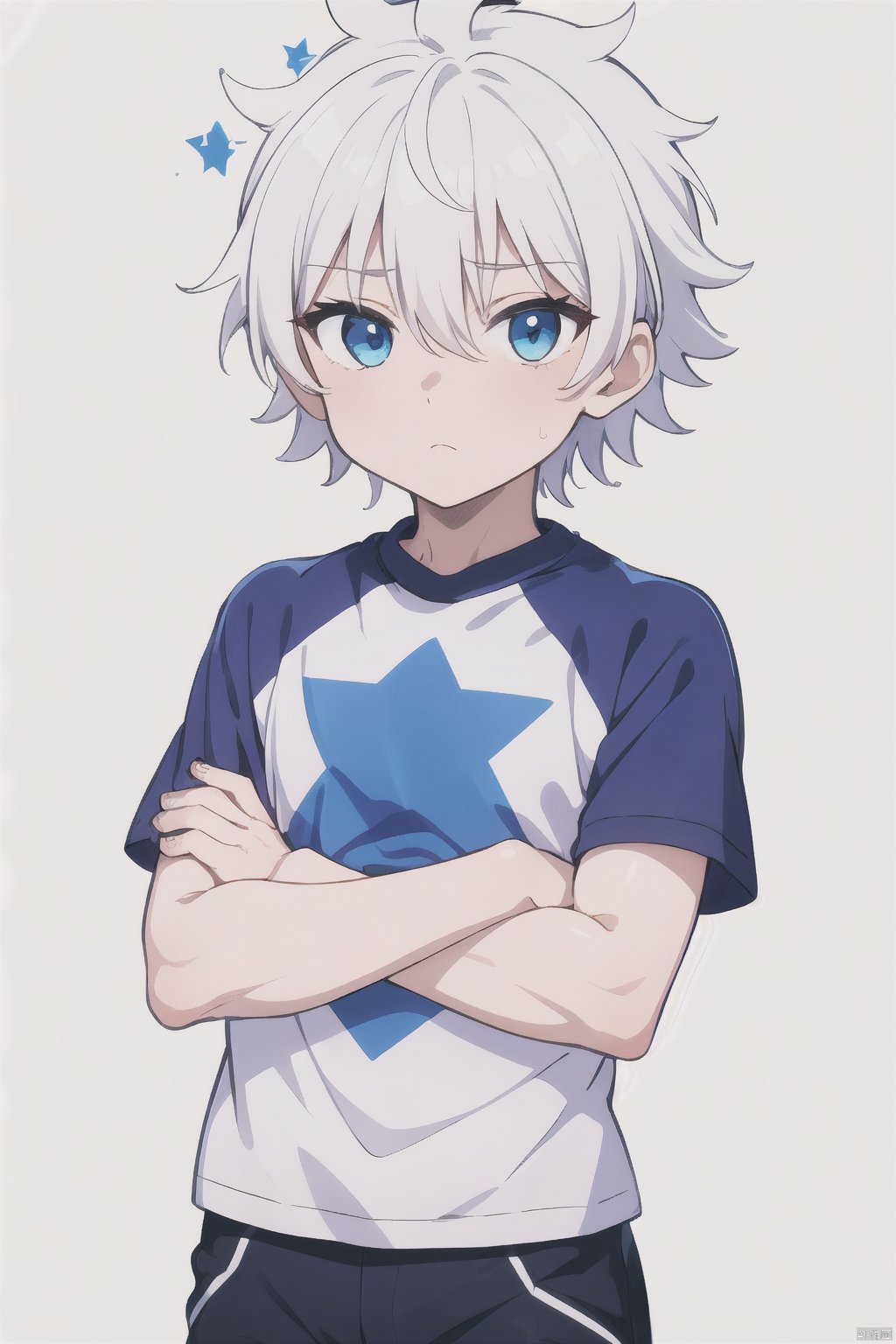  1boy, male focus, solo, blue eyes, crossed arms, looking at viewer, white hair, shirt, long sleeves, closed mouth, layered sleeves, short over long sleeves, pants, bangs, blue shirt, hair between eyes, short hair, cowboy shot, standing, short sleeves eyelashes,Night, starry background, Starry eyes, male,Luminous eyes,  starry sky ,HYZ_QY