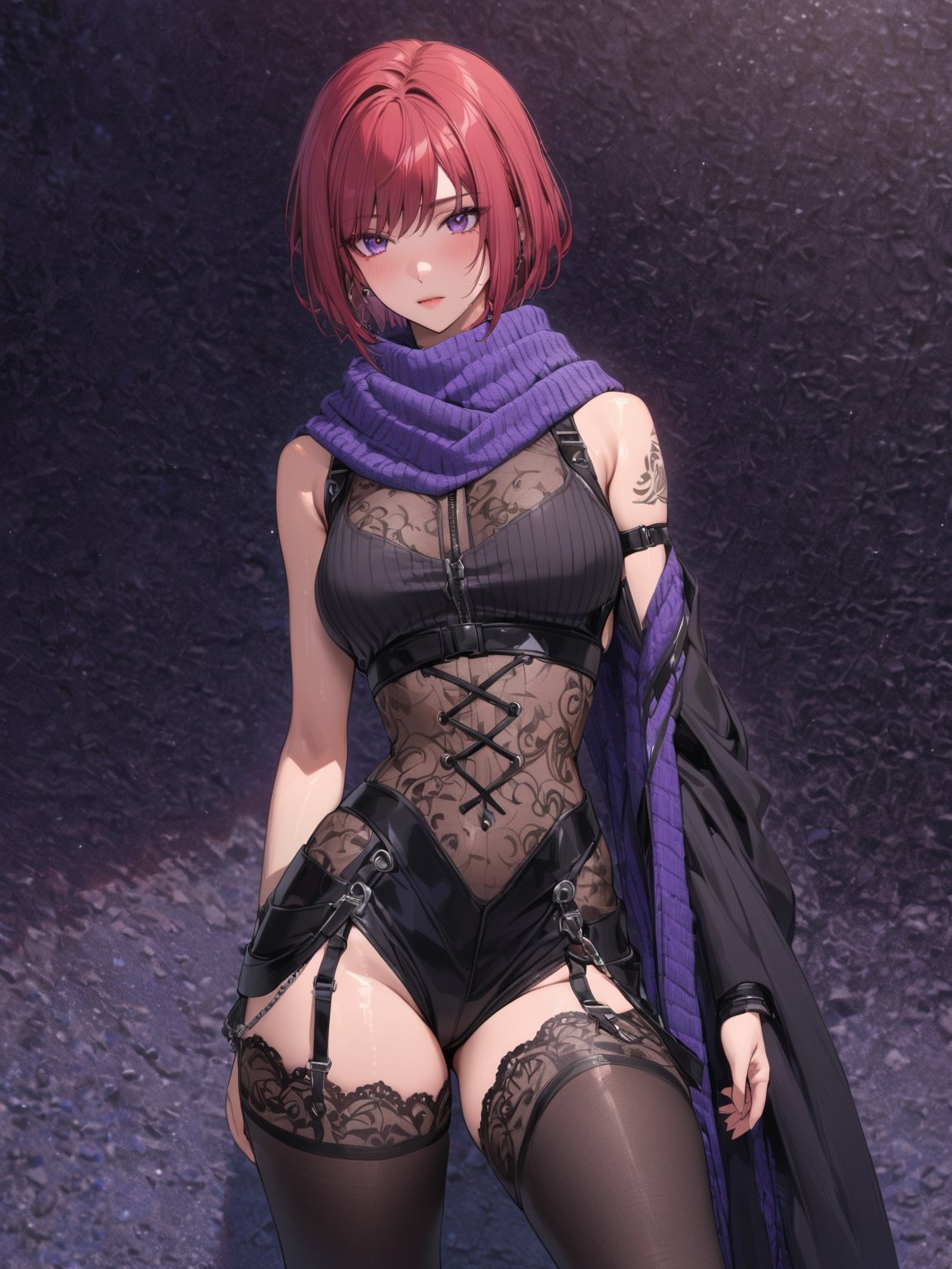 //Character, solo,NelZelpher_SO3, 1girl, purple eyes, short hair, red hair, tattoo,
//Fashion, black thighhighs, scarf, 
//Background, simple background, 
//Quality, (masterpiece), best quality, ultra-high resolution, ultra-high definition, highres, intricate, intricate details, absurdres, highly detailed, finely detailed, ultra-detailed, ultra-high texture quality, natural lighting, natural shadow, dramatic shading, dramatic lighting, vivid colour, perfect anatomy, 
//Others, 