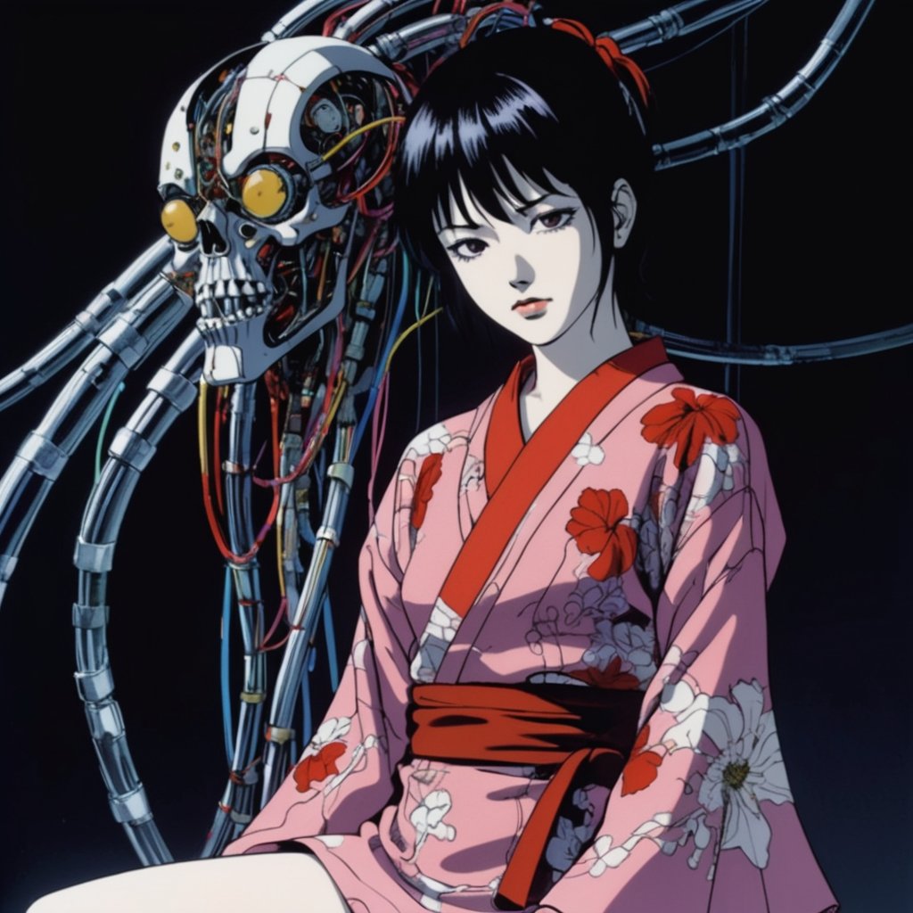 chiaroscuro ((3girl)), cyborg girls, horror tied colorful kimono, mechanical body rusty, expressionism, horror, tubes and wires, anime 2d illust, art by otomo katsuhiro and kim junggi and toriyama akira  <lora:xl_yoshiaki_kawajiri_v1r64:0.5>