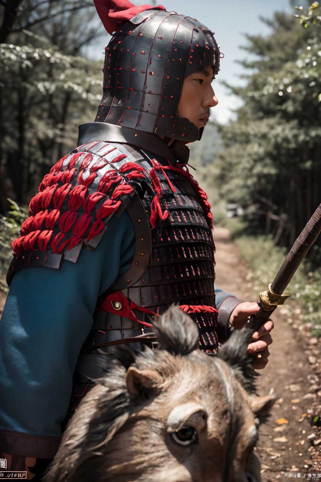 秦甲,solo,Armored warrior in a dark forest, wearing exquisite armor, holding a sharp long sword, vigilantly scanning the surroundings, surrounded by dense trees and winding paths, distant beast growls, mysterious and tense atmosphere, realistic photography style, high clarity, focusing on composition and character structure, soft natural lighting, medium-long focal length, low-angle shot, 