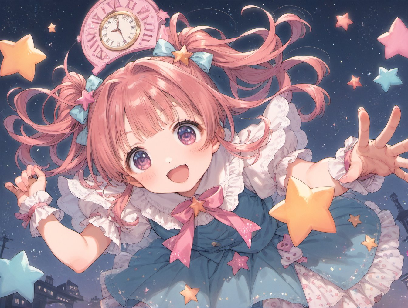 score_9, score_8_up, score_7_up,source_anime,BREAK  1girl,(colorful:1.2),Magical Girl , ((yumekawa,yumekawaii)),pastel colors, dynamic pose, dynamic angle,wonderland,Gothic decoration,sticker style,heart item,star item,ribbon,symbolic, conspicuous,(star glitter and hart glitter:1.5),(kawaii town at night:1.5),(big clock tower:1.2),(Meteor shower,star and hart effect:1.3),