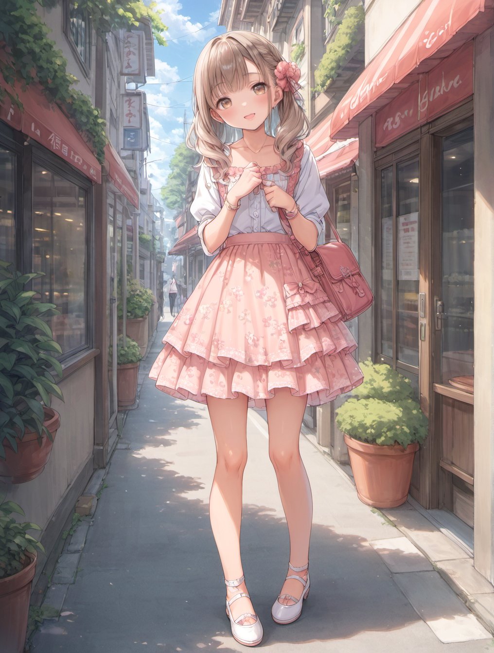 score_9, score_8_up, score_7_up,source_anime,BREAK  rating_explicit,uncensored,1girl, light brown hair,gyaru,looking at viewer,portrait,outdoors, full body, standing, girly style, lace dresses, pastel colors, floral prints, high-waisted skirts, ballet flats, delicate accessories ,in cafe, edinburgh street,sitting on chair,table,road,al fresco,sunlight, blue sky,