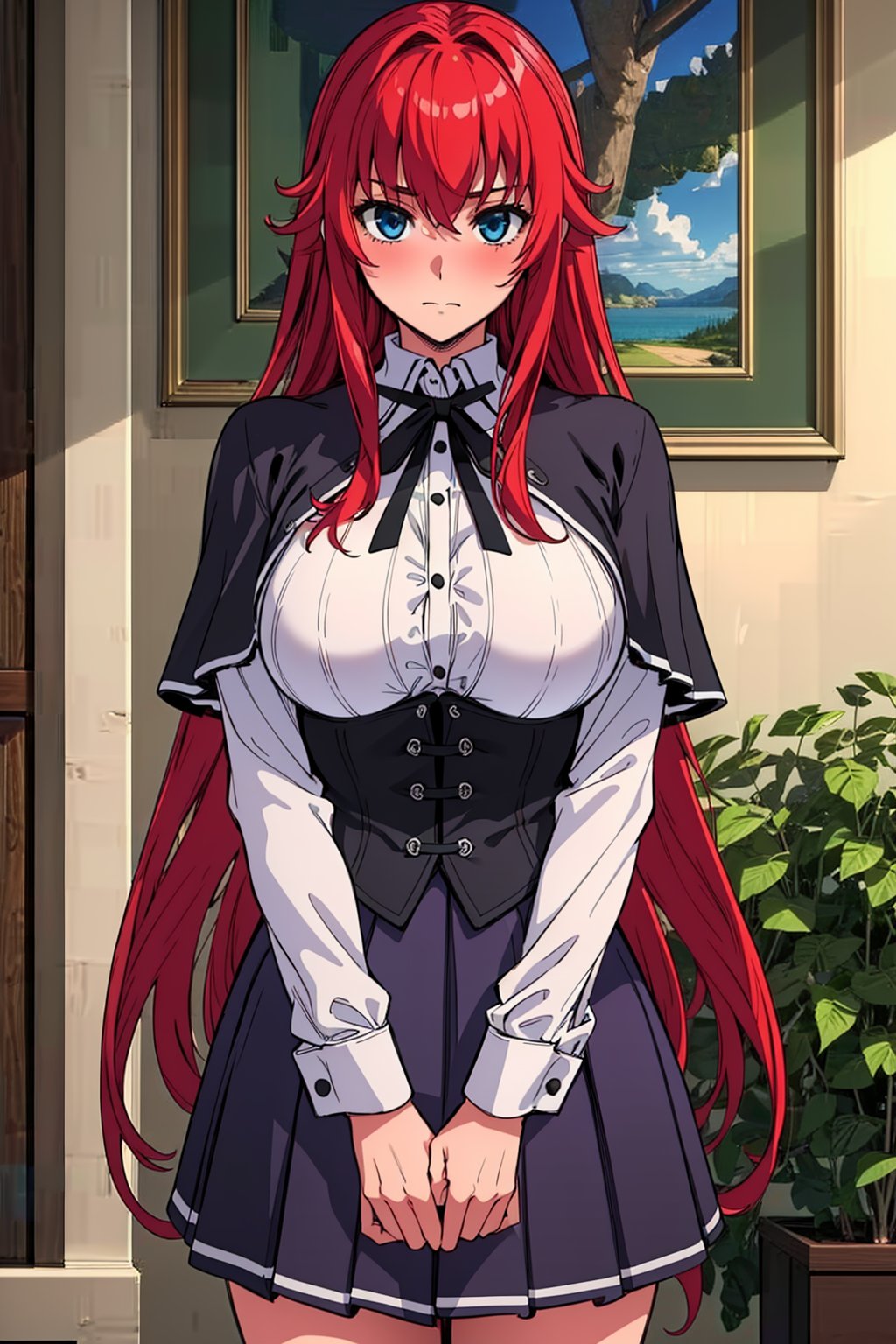 (((masterpiece, best quality, highres))), 1 girl, solo, good hands, looking at viewer, outside, blushing, arms to the side, round breasts, large breasts,Rias gremory, long red hair, blue eyes, long sleeved white shirt, black button corset, purple pleated skirt, black ribbon, black capelet,