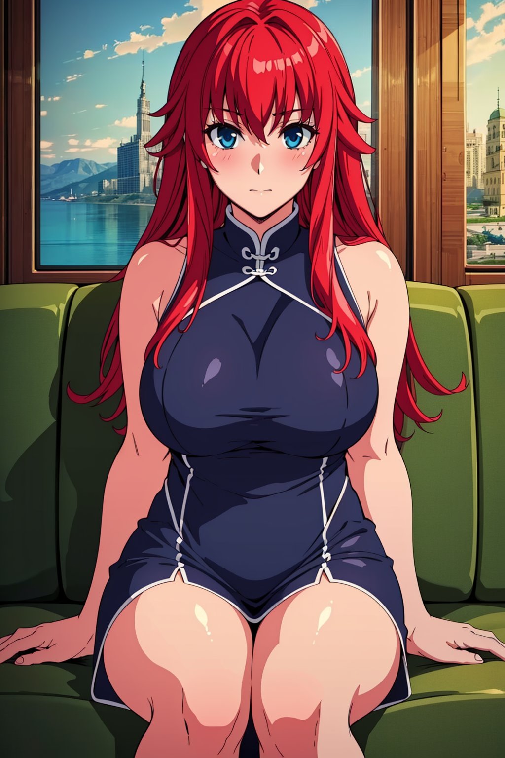 (((masterpiece, best quality, highres))), 1 girl, solo, good hands, looking at viewer, outside, blushing, arms to the side, portrait, standing, round breasts, large breasts,Rias gremory, long red hair, blue eyes, Chinese lunar dress, sitting