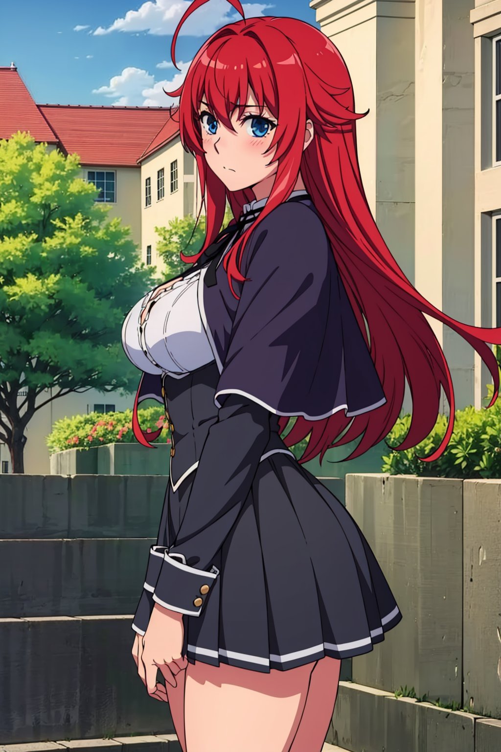 (((masterpiece, best quality, highres))), 1 girl, solo, good hands, looking at viewer, outside, blushing, arms to the side, portrait, standing, round breasts, large breasts,Rias gremory, long red hair, blue eyes, long sleeved white shirt, black button corset, purple pleated skirt, black ribbon, black capelet, ahoge