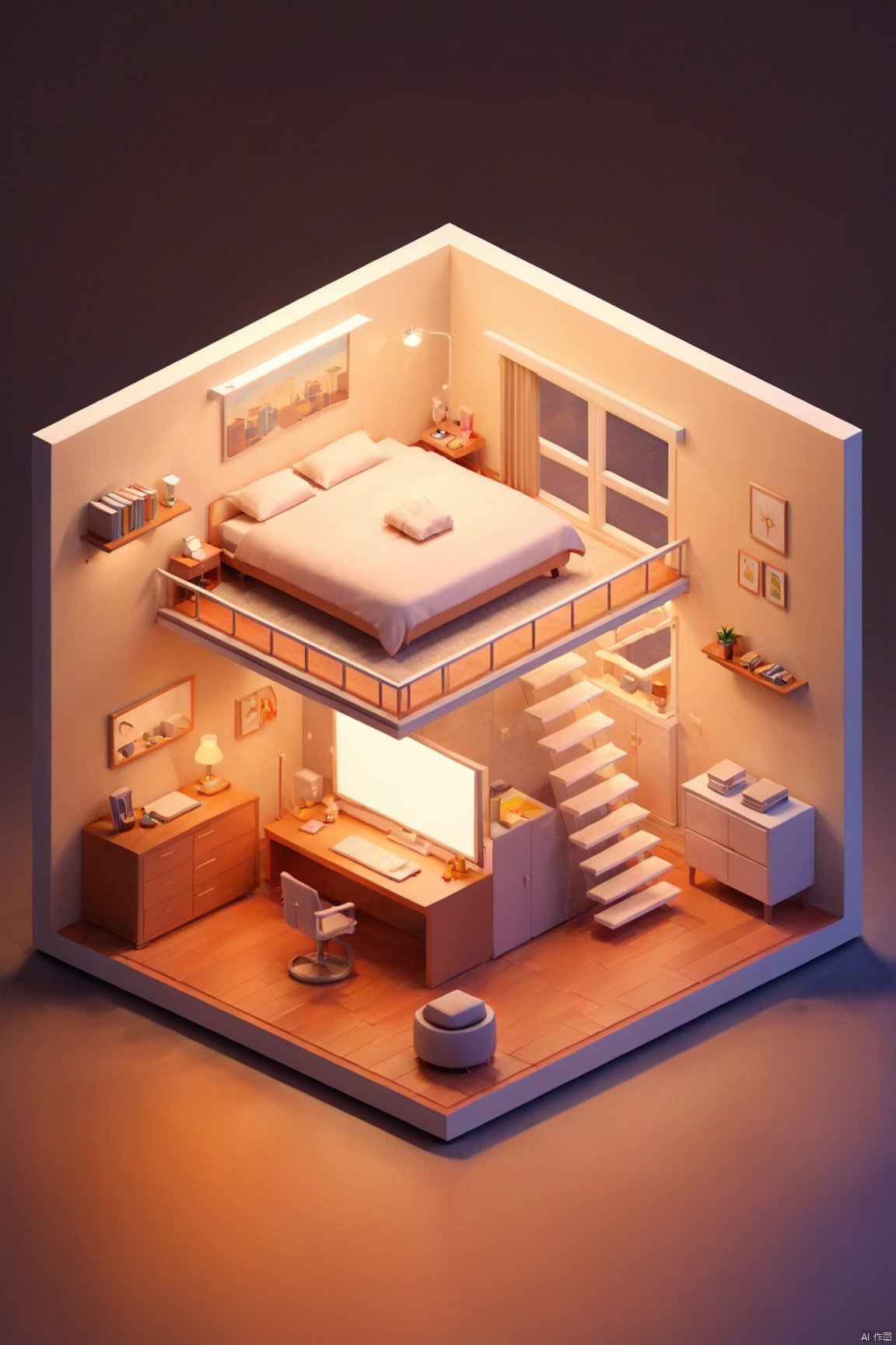  isometric building,modern furniture,cozy,home office,bedroom,lighting effectdetailed texture,no people,warm tone,,