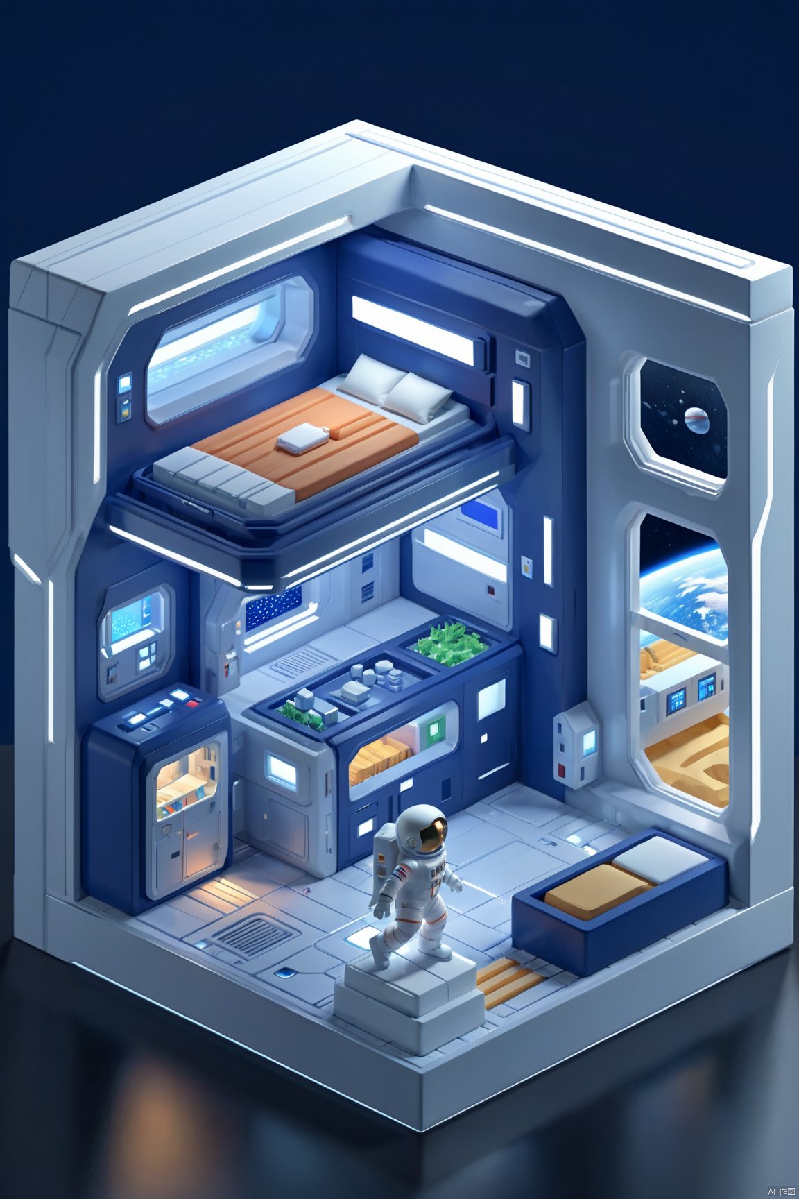  isometric building,, astronaut character, space habitat, digital art, sci-fi concept, cross-section view, space station, high-tech living quarters, blue color scheme, modern design, zero gravity,,masterpiece,best quality,detailed details,HDR,UHD,8K,CG wallpaper,,