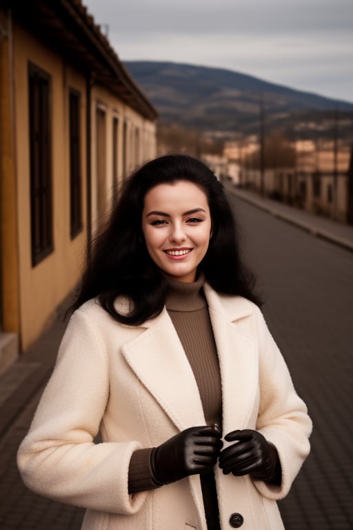 1 girl, alone, long hair, looking at viewer, smile, gloves, holding, colors, ladder, mole, coat, cigarette, smoking, holding a cigarette,LaCocaIS