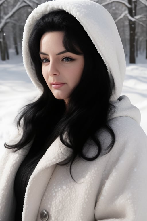 1girl, solo, long hair, looking at viewer, oppai, loli, black hair, hood, lips, coat, snow, realistic, winter, barcode, photorealistic