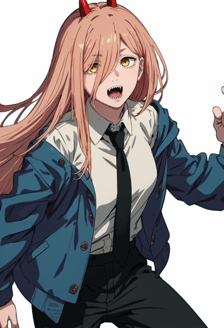 best quality, masterpiece, highres, solo, (power_chainsawman:1.10), 1girl, blue jacket, open mouth, white shirt, black necktie, pink hair, simple background, collared shirt, white background, black pants, sharp teeth, looking at viewer, red eyes, hair over one eye, anime_style, 7 <lora:power_chainsawman:0.80>