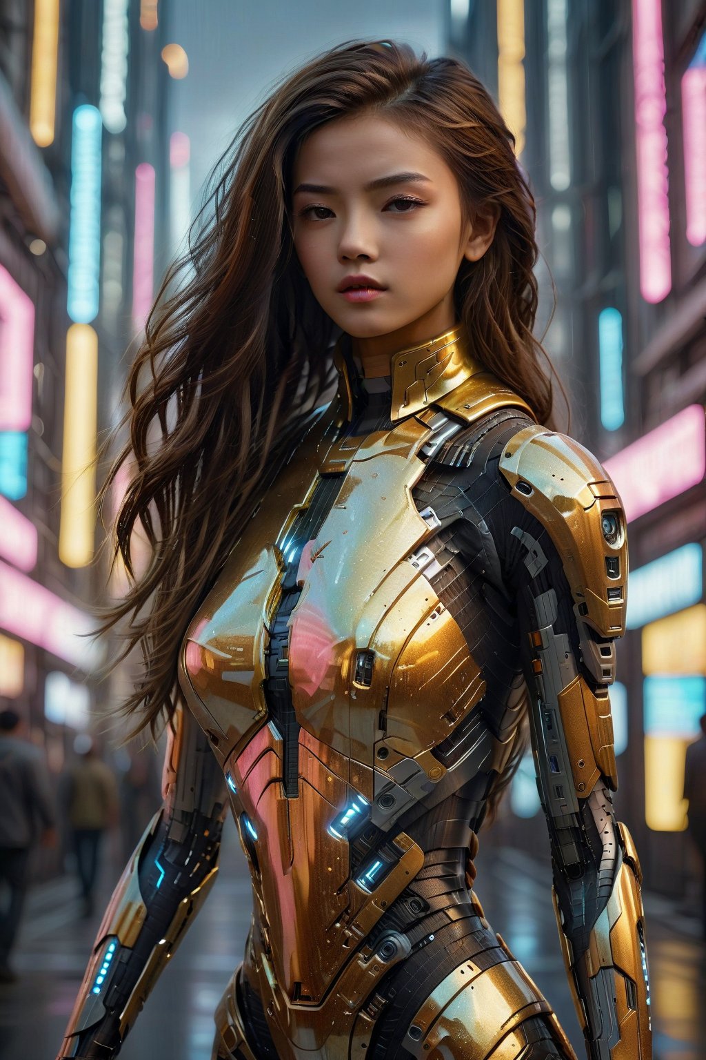 score_9, score_8_up, score_7_up, score_6_up, score_5_up, score_4_up, 
A stunningly alluring girl in futuristic mech armor stands tall in a cyberpunk city. The girl exudes sensuality with her sleek, high-tech armor that gleams in the neon-lit surroundings. Her long cascading hair contrasts against the metallic sheen, and her piercing gaze hints at a mysterious past. This captivating image of the girl combines beauty with strength, drawing viewers into the mesmerizing world of high-tech urban futurism. This vivid scene is depicted in a highly detailed digital painting that truly captures the essence of a sci-fi fantasy.
(Masterpiece:1.5), (Best quality:1.5), 8K, UHD, Anatomically correct, Absurdres, Highly detailed, High definition, Ultra-fine painting, Sharp focus, Extreme detail description, Professional, Intricate details, by FuturEvoLab, Front light, Uniform lighting, Soft shadows, Depth of field, Vibrant color palette, ,Sakura,Gold