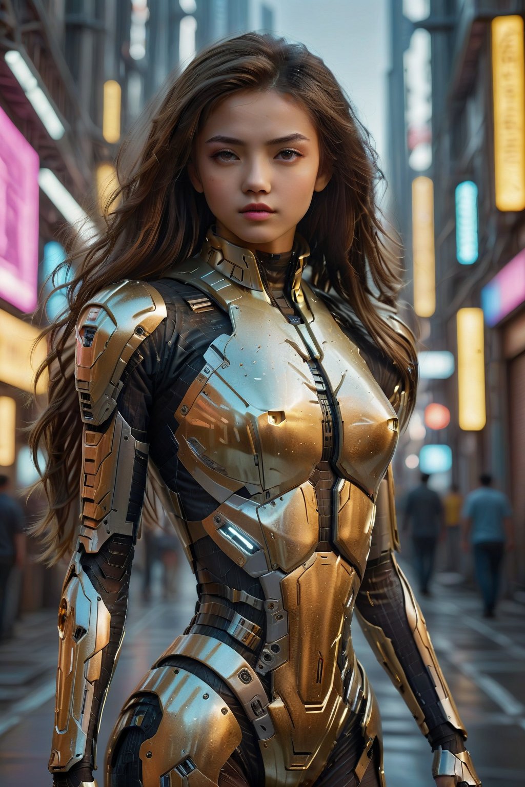 score_9, score_8_up, score_7_up, score_6_up, score_5_up, score_4_up, 
A stunningly alluring girl in futuristic mech armor stands tall in a cyberpunk city. The girl exudes sensuality with her sleek, high-tech armor that gleams in the neon-lit surroundings. Her long cascading hair contrasts against the metallic sheen, and her piercing gaze hints at a mysterious past. This captivating image of the girl combines beauty with strength, drawing viewers into the mesmerizing world of high-tech urban futurism. This vivid scene is depicted in a highly detailed digital painting that truly captures the essence of a sci-fi fantasy.
(Masterpiece:1.5), (Best quality:1.5), 8K, UHD, Anatomically correct, Absurdres, Highly detailed, High definition, Ultra-fine painting, Sharp focus, Extreme detail description, Professional, Intricate details, by FuturEvoLab, Front light, Uniform lighting, Soft shadows, Depth of field, Vibrant color palette, ,Sakura,Gold