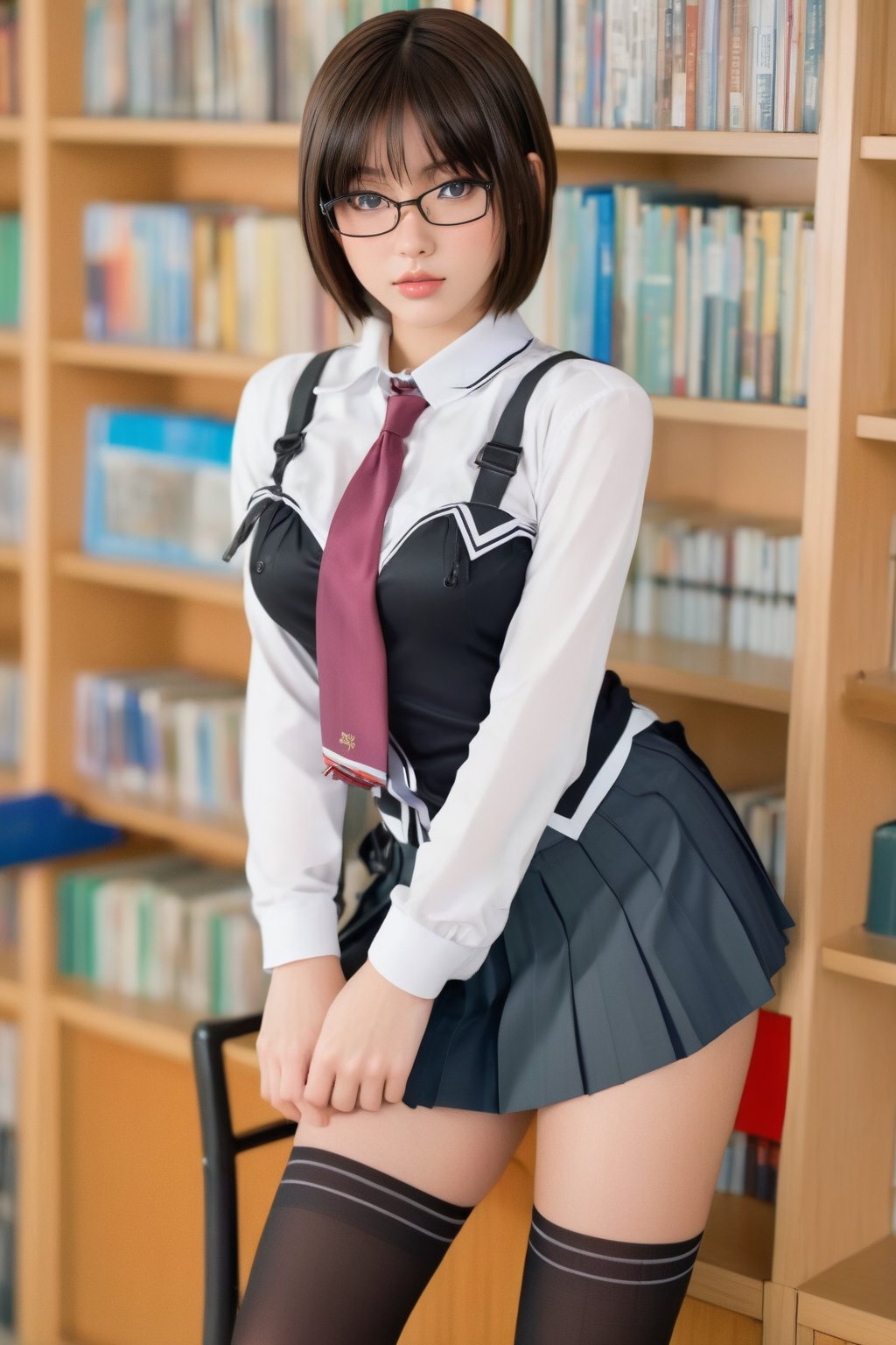 1girl, Thailand model, glasses, Short hair, blunt bangs, detailed face, realistic, bible black clothing, pleated skirt, school library. upskirt pov, full body view. 