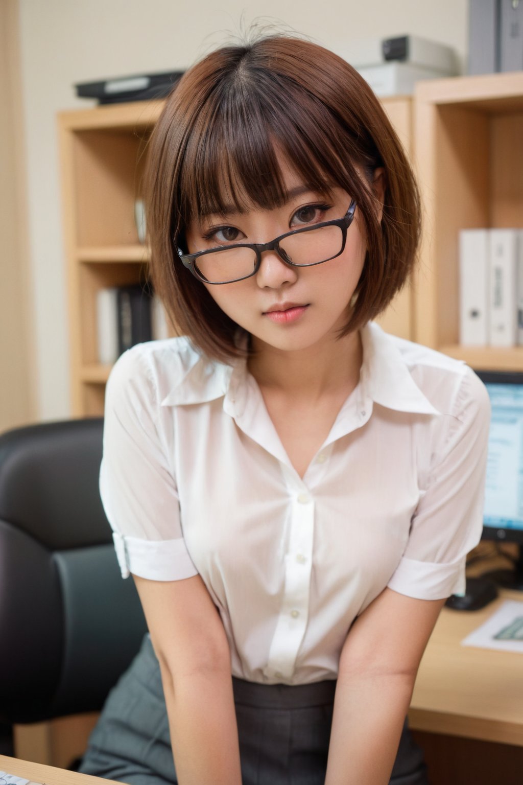 1girl, asian girl, glasses, detailed face, short hair, blunt bangs, deep-v shirt, office. full body view, downblouse pov.