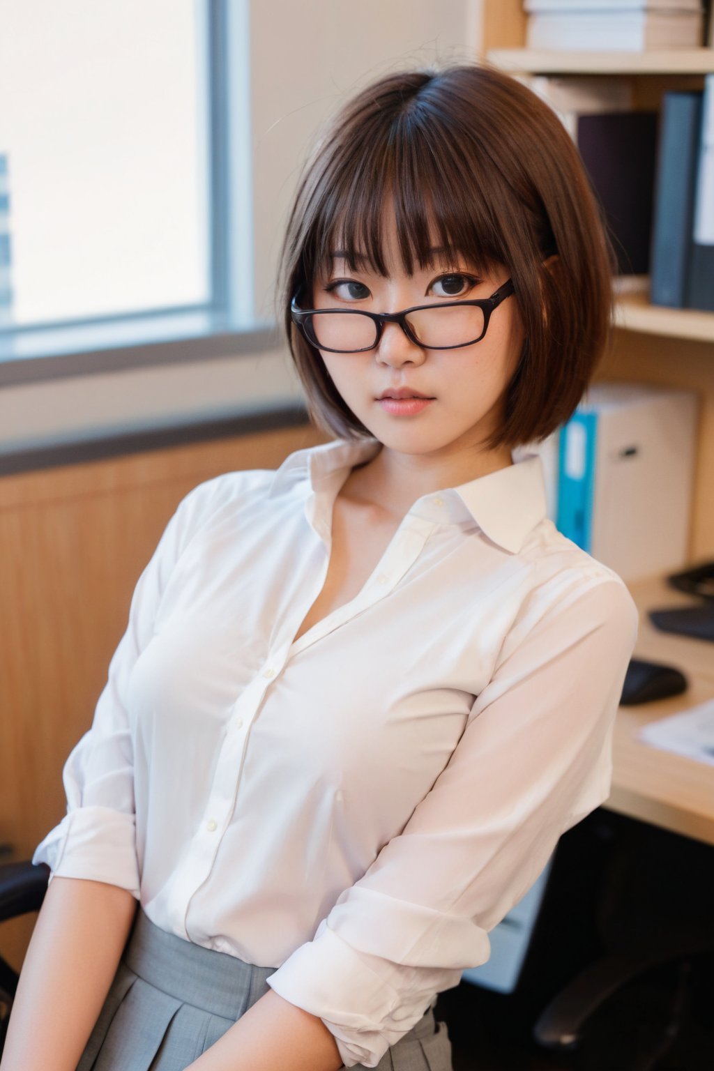 1girl, asian girl, detailed face, short hair, blunt bangs, glasses, deep-v shirt, office. full body view, downblouse pov.