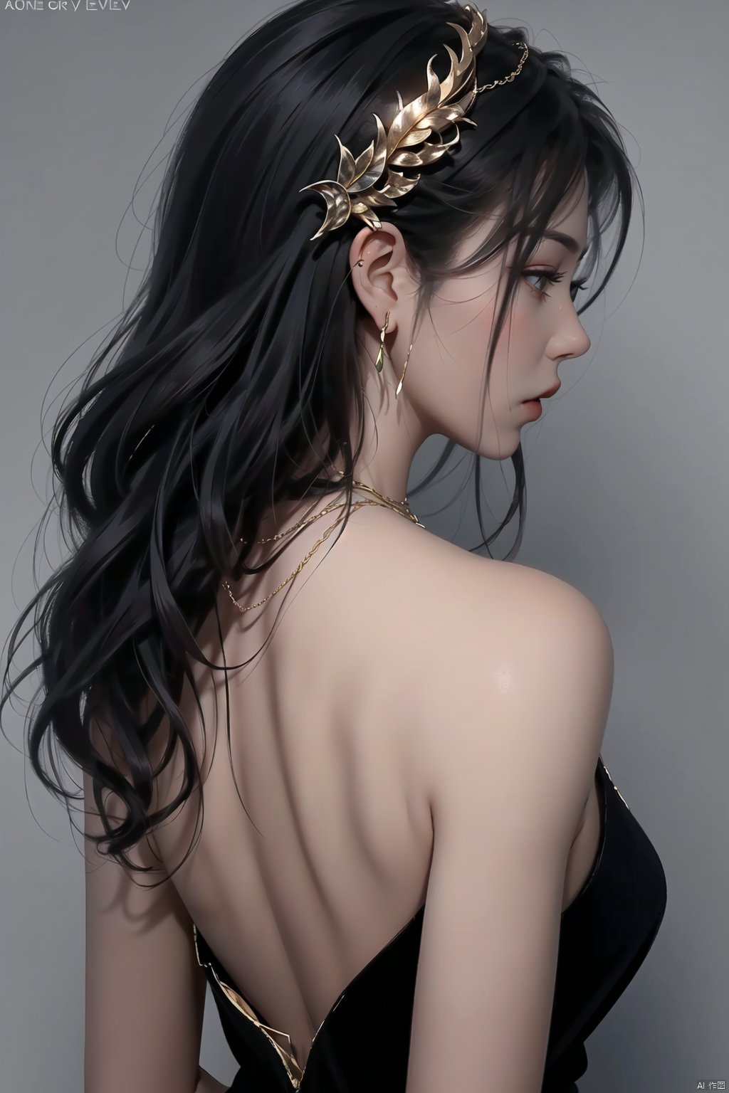  1girl, solo, long hair, black hair, dress, jewelry, closed mouth, upper body, earrings, artist name, grey background, necklace, from behind, black dress, eyelashes, profile, chain, back, looking away, shoulder armor, gem, hair over shoulder, circlet, gold, gold chain, head chain