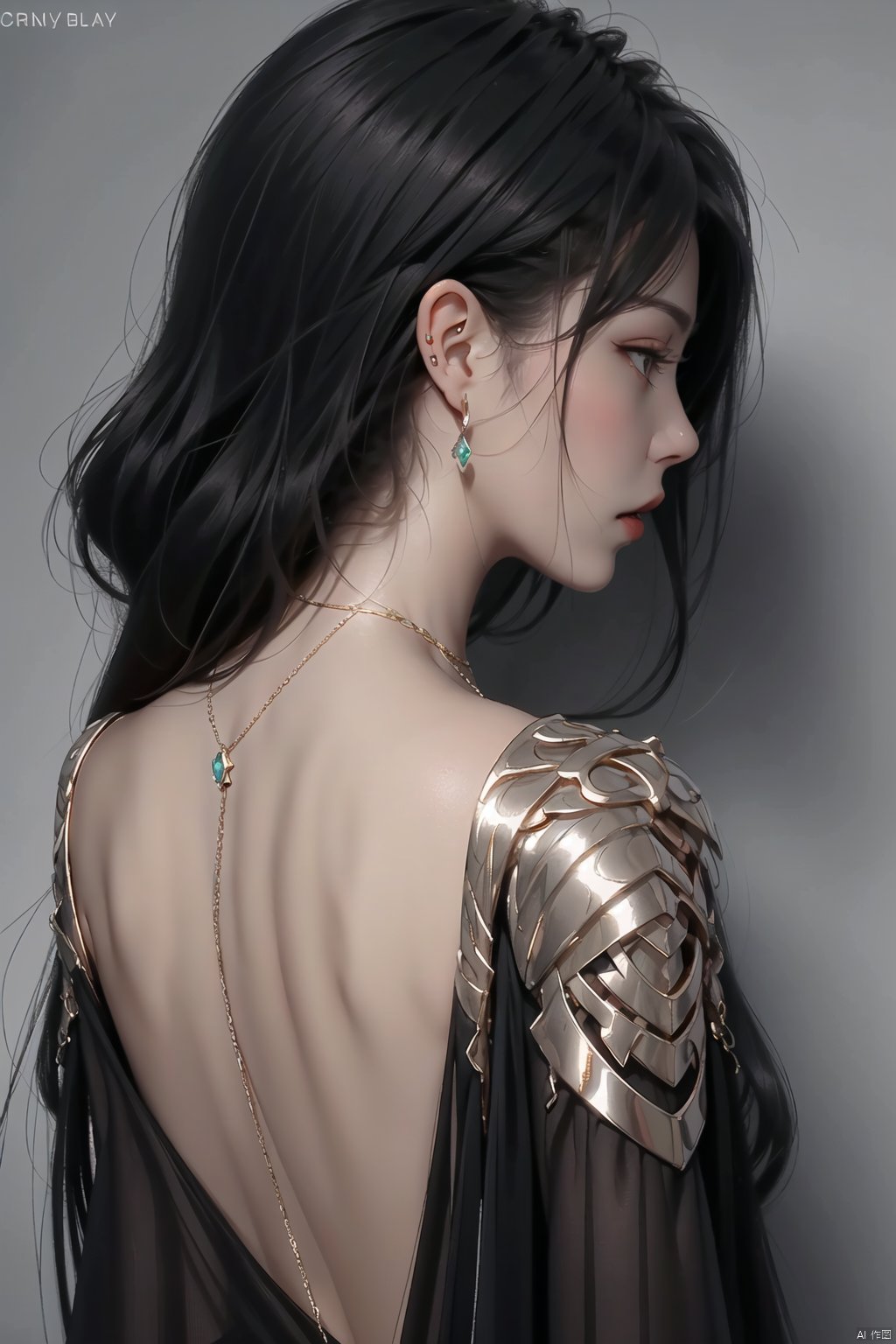 1girl, solo, long hair, black hair, dress, jewelry, closed mouth, upper body, earrings, artist name, grey background, necklace, from behind, black dress, eyelashes, profile, chain, back, looking away, shoulder armor, gem, hair over shoulder, circlet, gold, gold chain, head chain