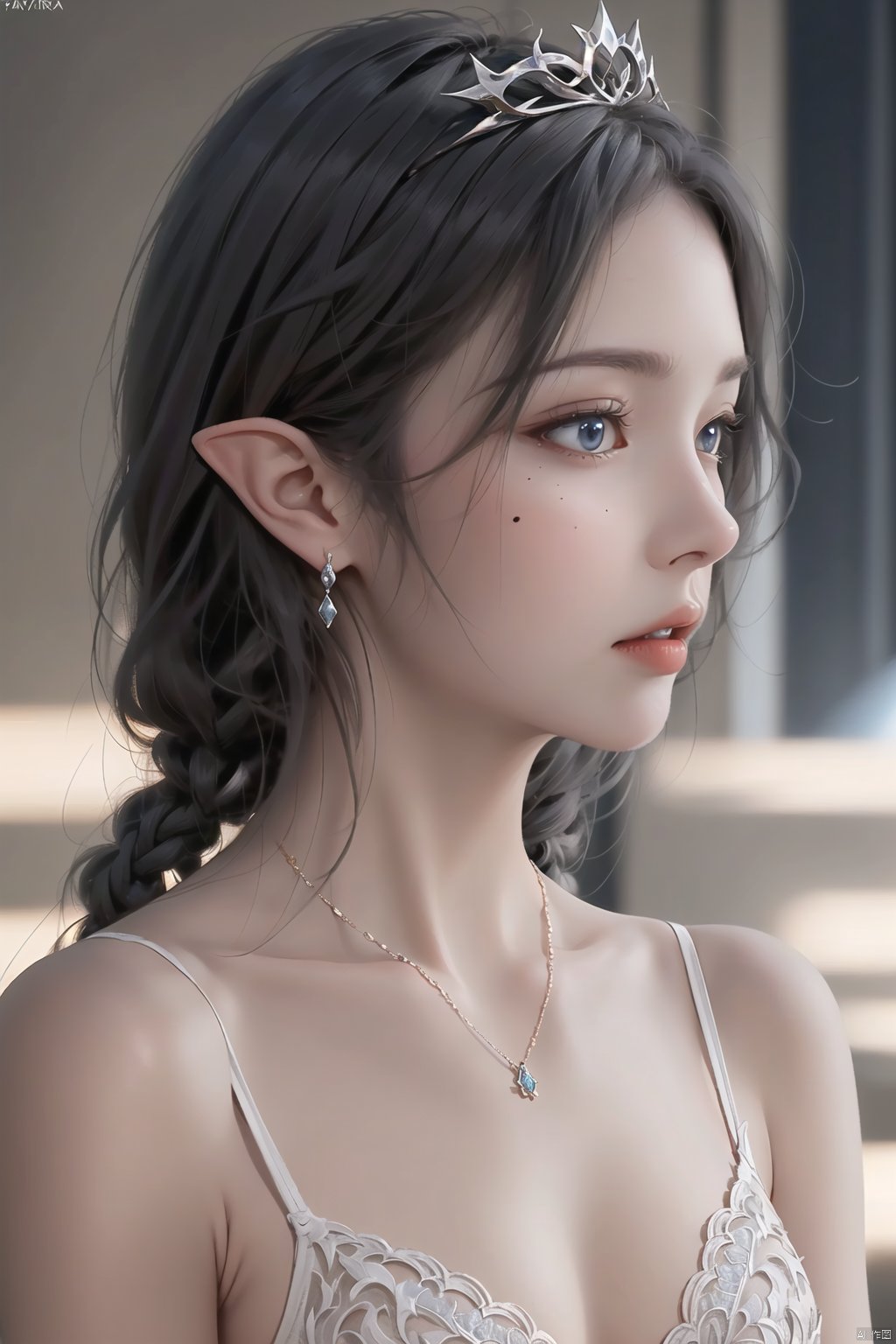 1girl, solo, blue eyes, hair ornament, bare shoulders, jewelry, collarbone, upper body, braid, grey hair, parted lips, pointy ears, necklace, mole, lips, eyelashes, mole under eye, looking away, tiara, elf, realistic