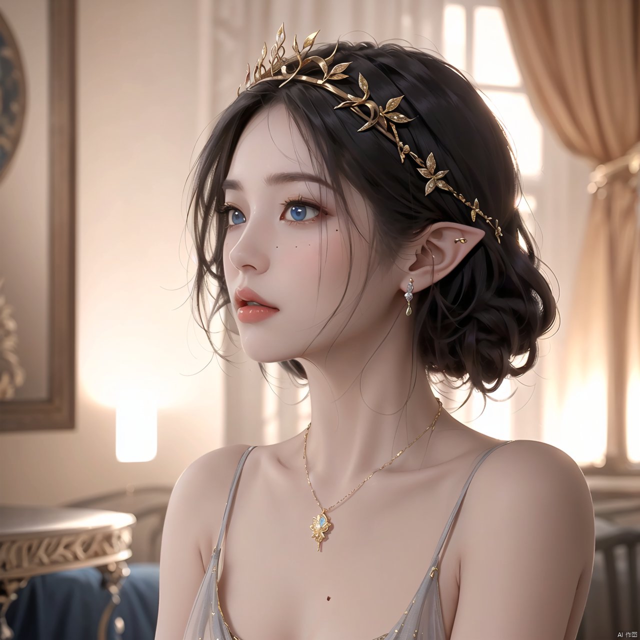  1girl, solo, blue eyes, hair ornament, bare shoulders, jewelry, collarbone, upper body, braid, grey hair, parted lips, pointy ears, necklace, mole, lips, eyelashes, mole under eye, looking away, tiara, elf, ,Gold decorations, gold necklaces, gold jewellery,Thick Paintings, Art, Digital Painting
Gold decorations, gold necklaces, gold jewellery, gold crowns, gold brooches, gold bracelets