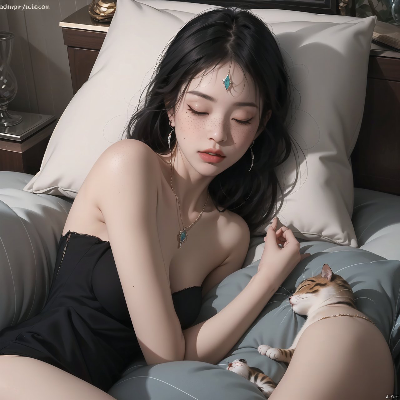 1girl, solo, long hair, black hair, dress, bare shoulders, jewelry, closed eyes, earrings, lying, artist name, necklace, black dress, lips, pillow, bed, animal, on bed, watermark, on side, cat, sleeping, web address, freckles, realistic, head chain