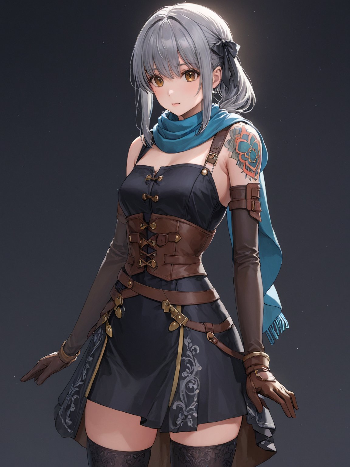 //Character, solo,ClairLasbard_SO3, 1girl, brown eyes, grey hair, tattoo,
//Fashion, hair ribbon, dress, scarf, elbow gloves, thighhighs,
//Background, simple background, 
//Quality, (masterpiece), best quality, ultra-high resolution, ultra-high definition, highres, intricate, intricate details, absurdres, highly detailed, finely detailed, ultra-detailed, ultra-high texture quality, natural lighting, natural shadow, dramatic shading, dramatic lighting, vivid colour, perfect anatomy, 
//Others, 