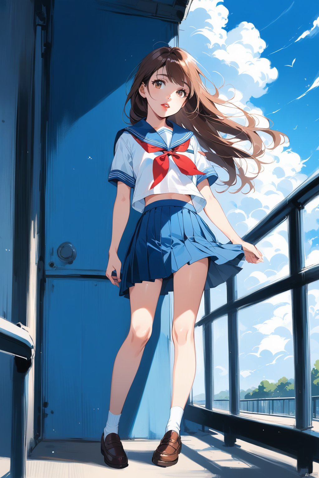 full body,1girl, solo, long hair, looking at viewer, skirt, brown hair, shirt, brown eyes, school uniform, standing, white shirt, short sleeves, pleated skirt, outdoors, parted lips, sky, teeth, serafuku, day, cloud, sailor collar, blue sky, lips, blue skirt, neckerchief, sunlight, blue sailor collar, wind, red neckerchief, railing, midriff peek